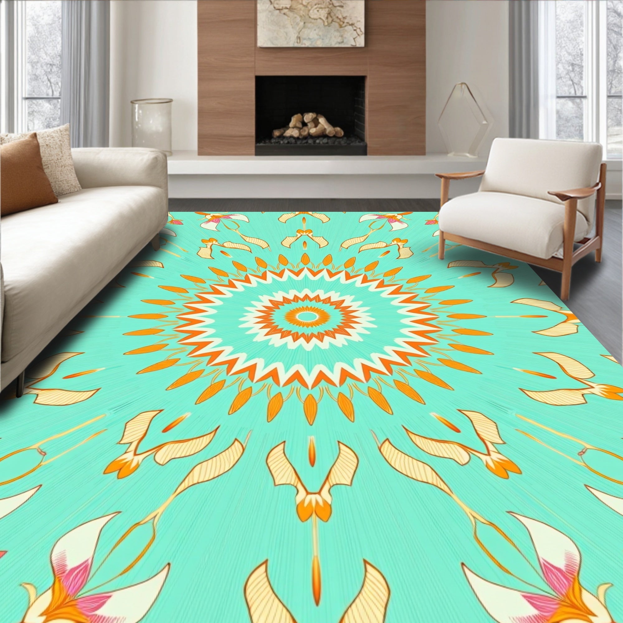 Radiant Floral Sunburst Mandala Style Rug