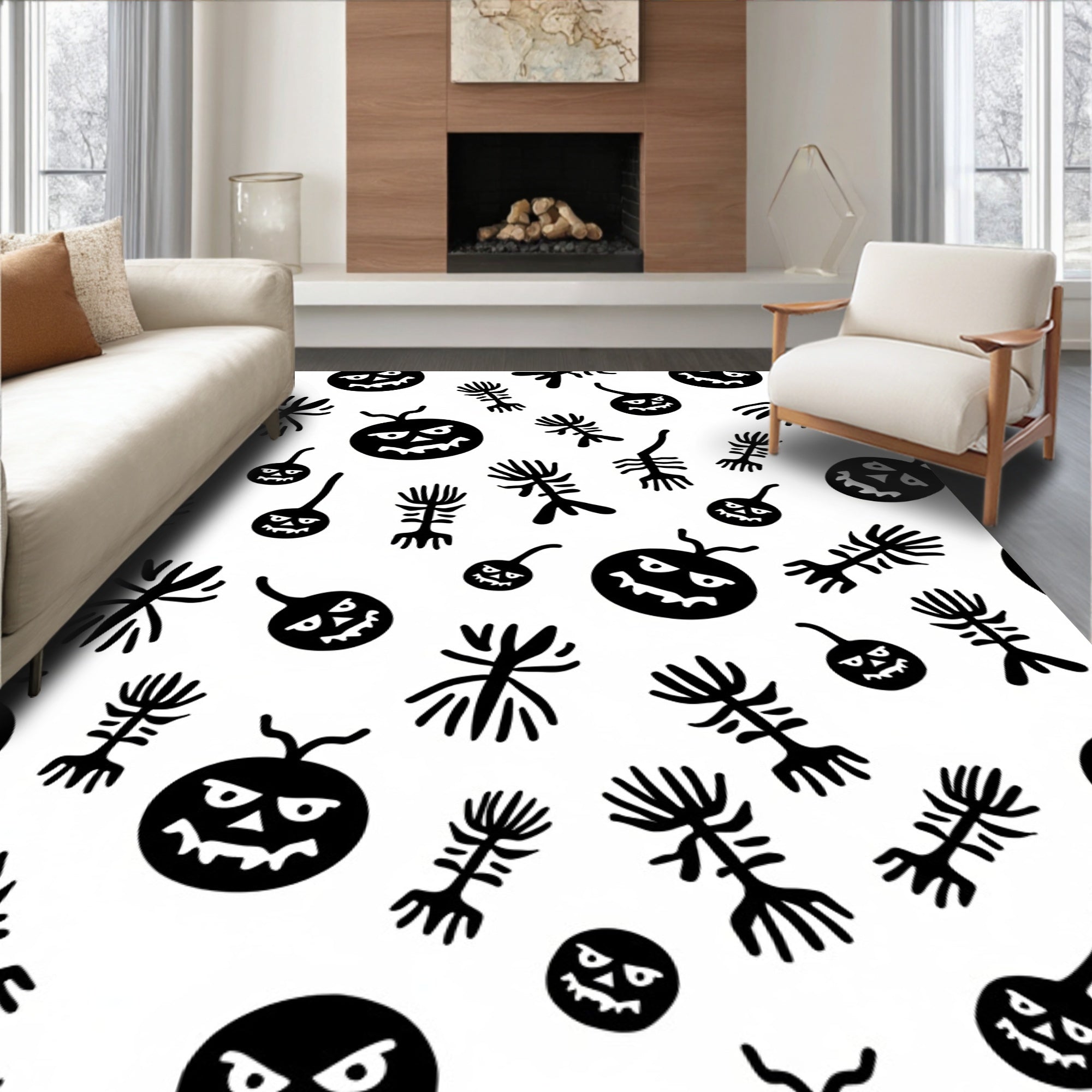 Whimsical Spooky Faces Skeletons Jam Pattern Rug