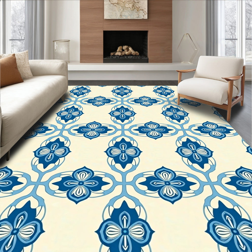 Classic Blue Floral Lattice Pattern Rug