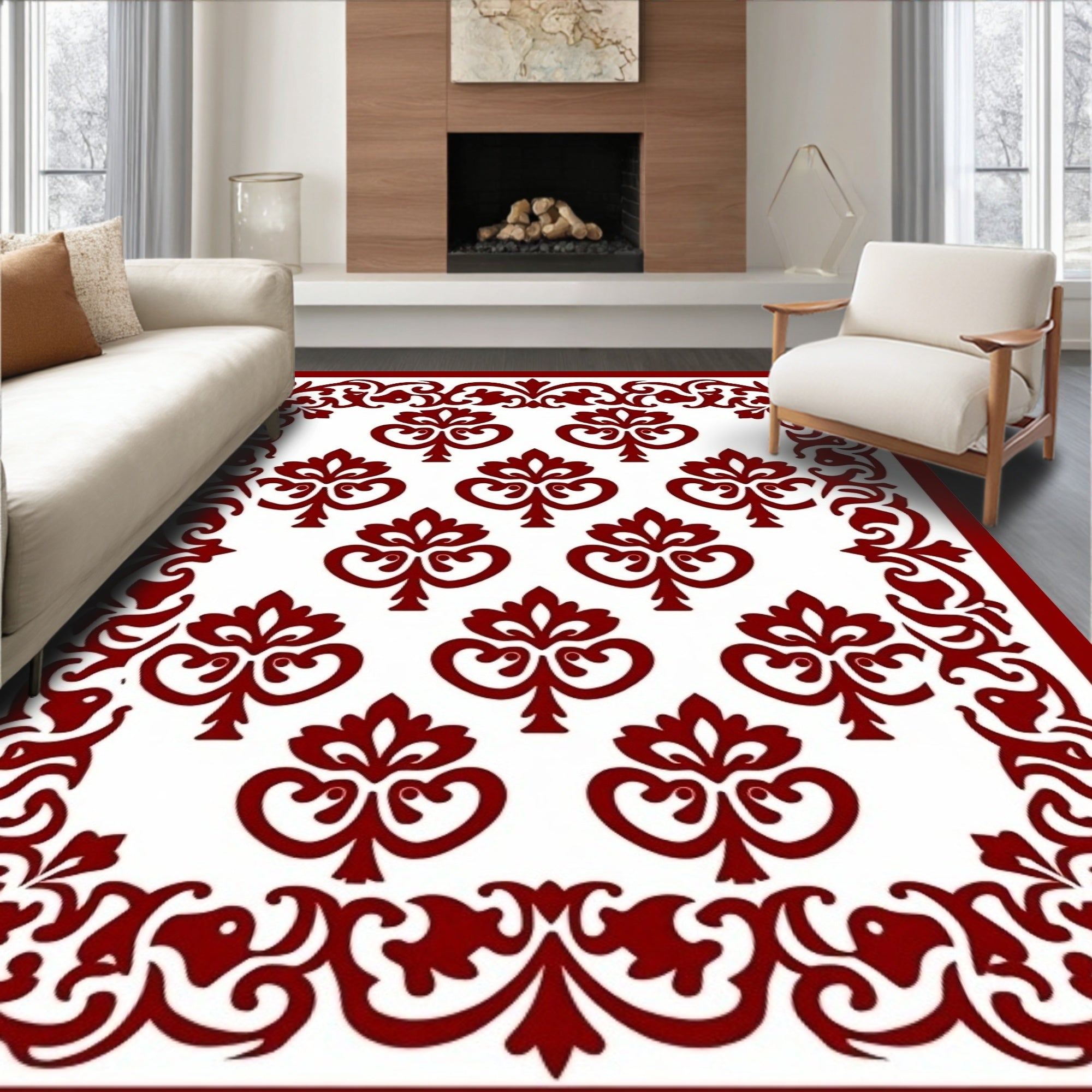 Rich Red Damask Ornamental Pattern Rug