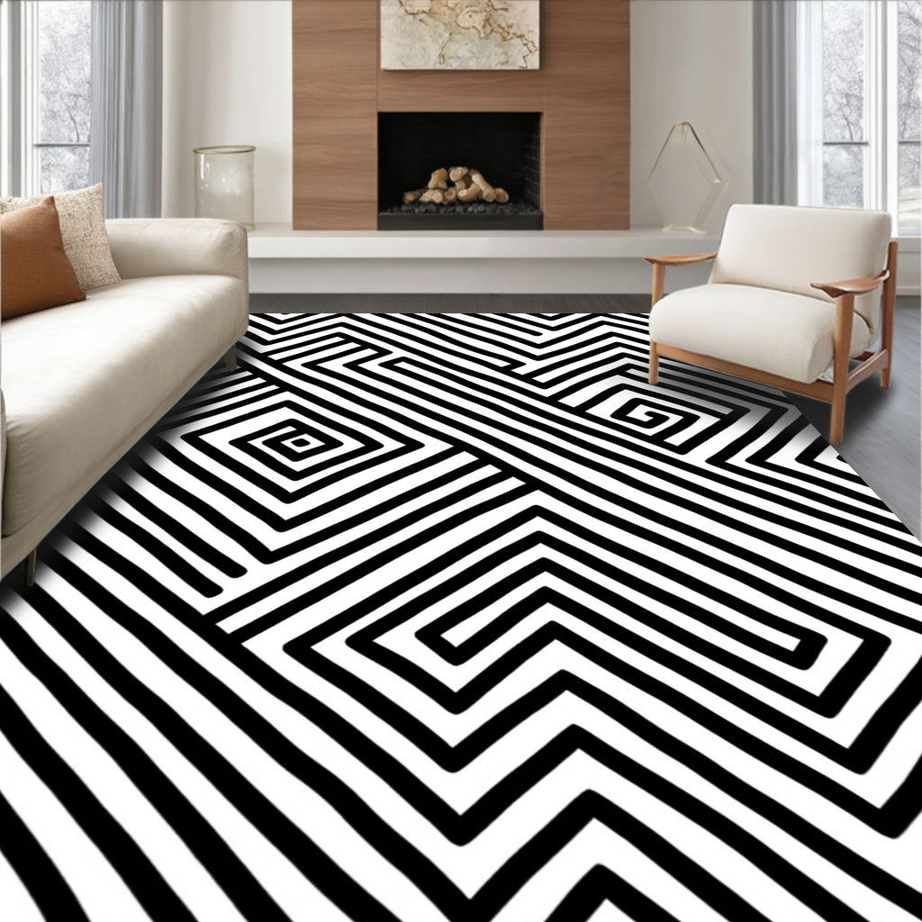 Minimalist Black White Striped Maze Rug