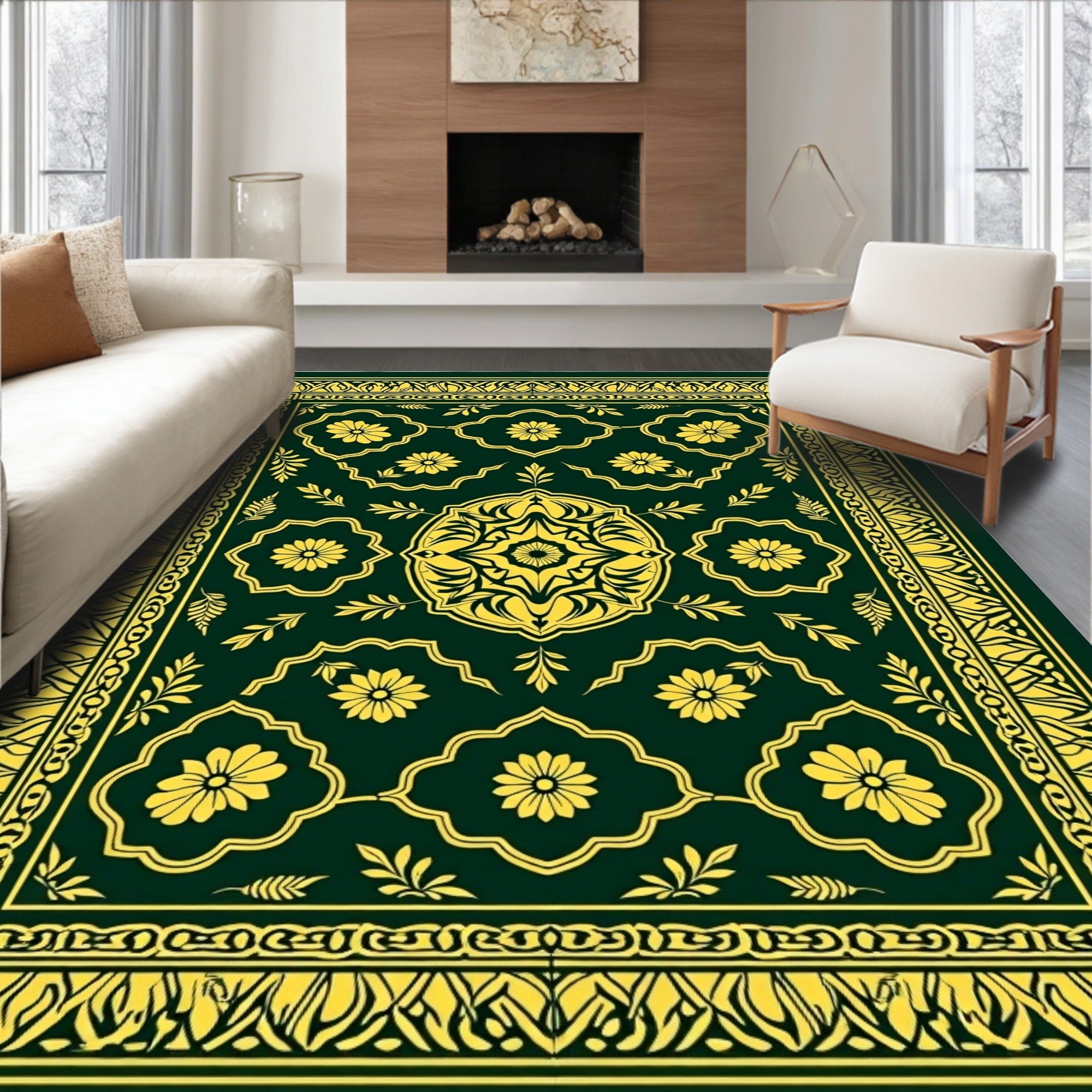 Elegant Green Gold Floral Medallion Rug