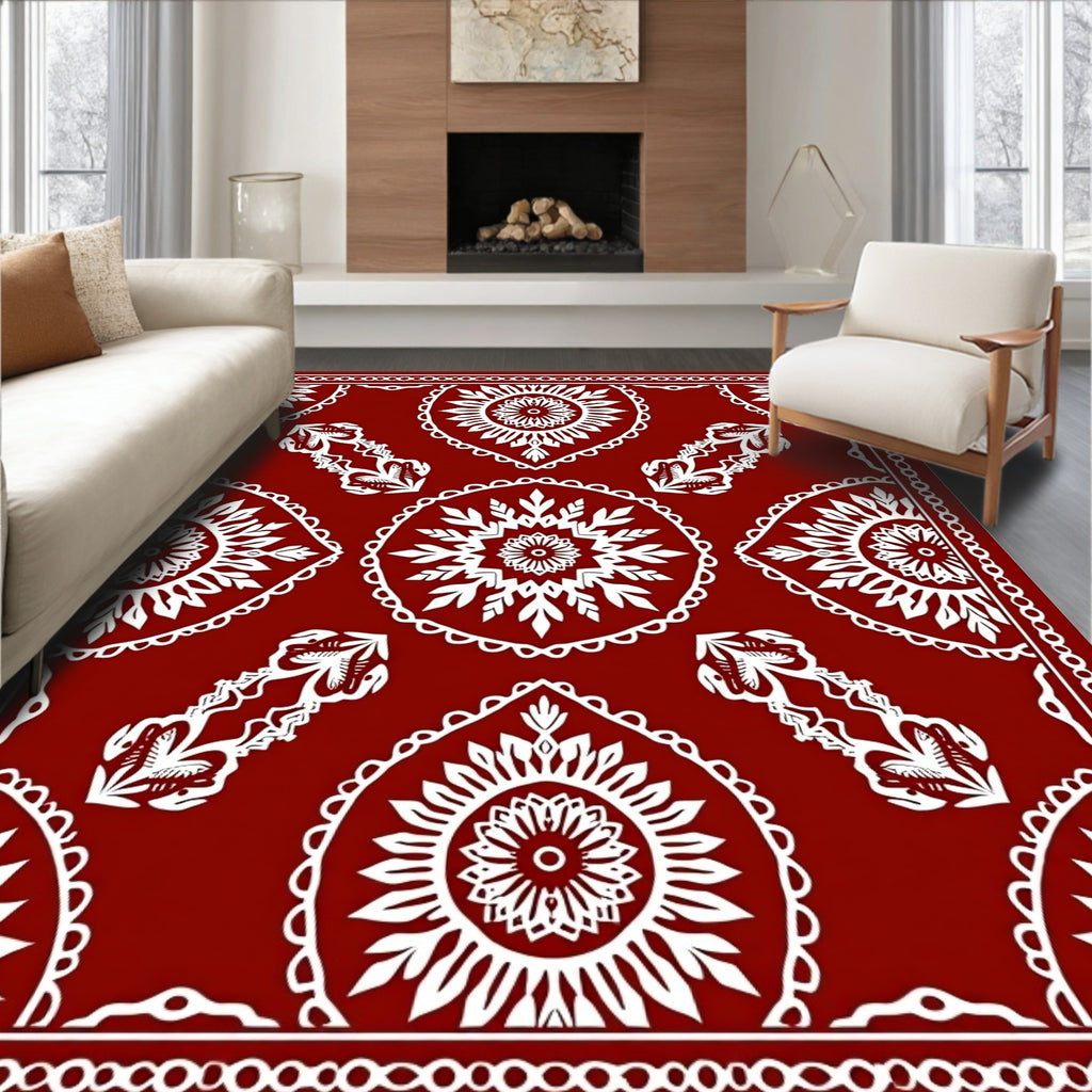Ornamental Red White Folk Art Rug