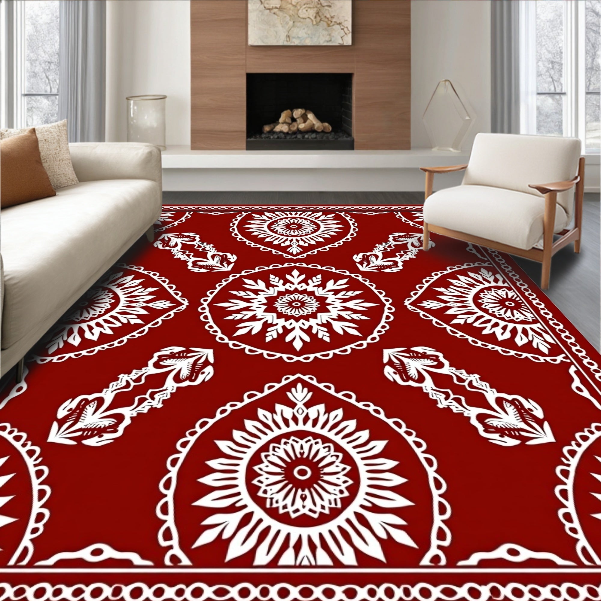 Ornamental Red White Folk Art Rug