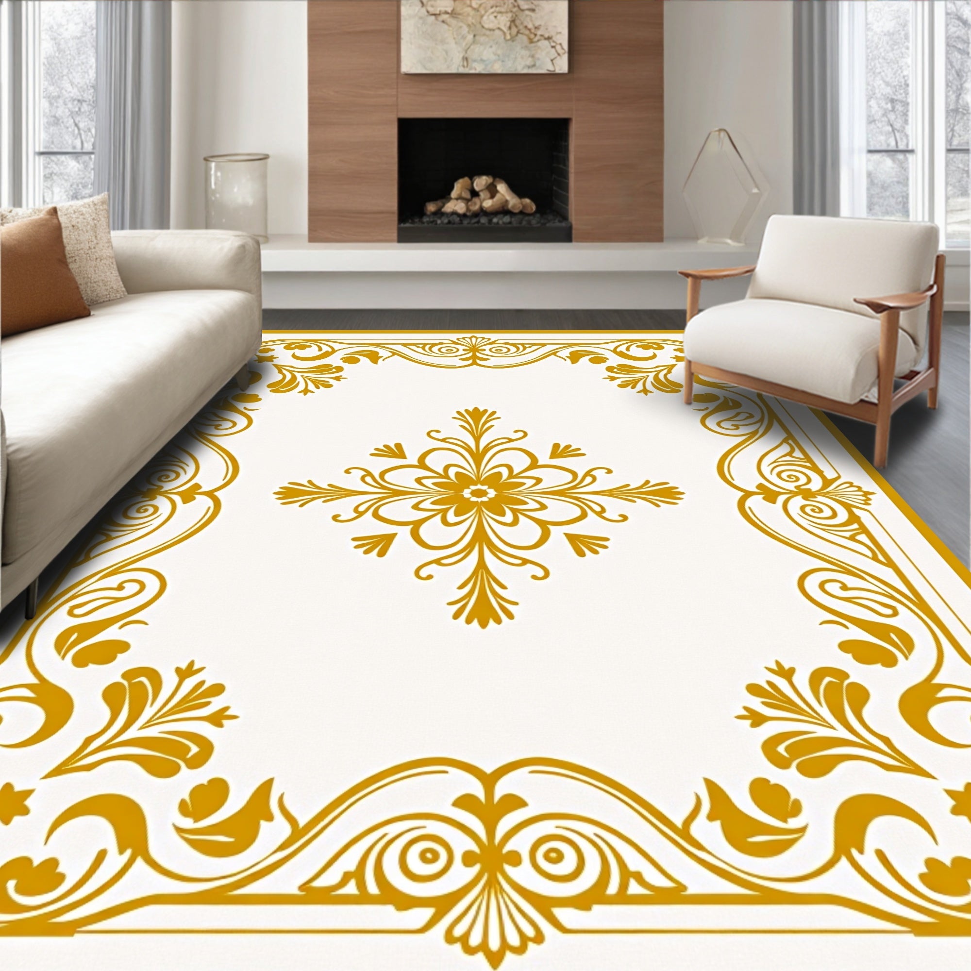 Ornate Floral Gold Border Design Rug