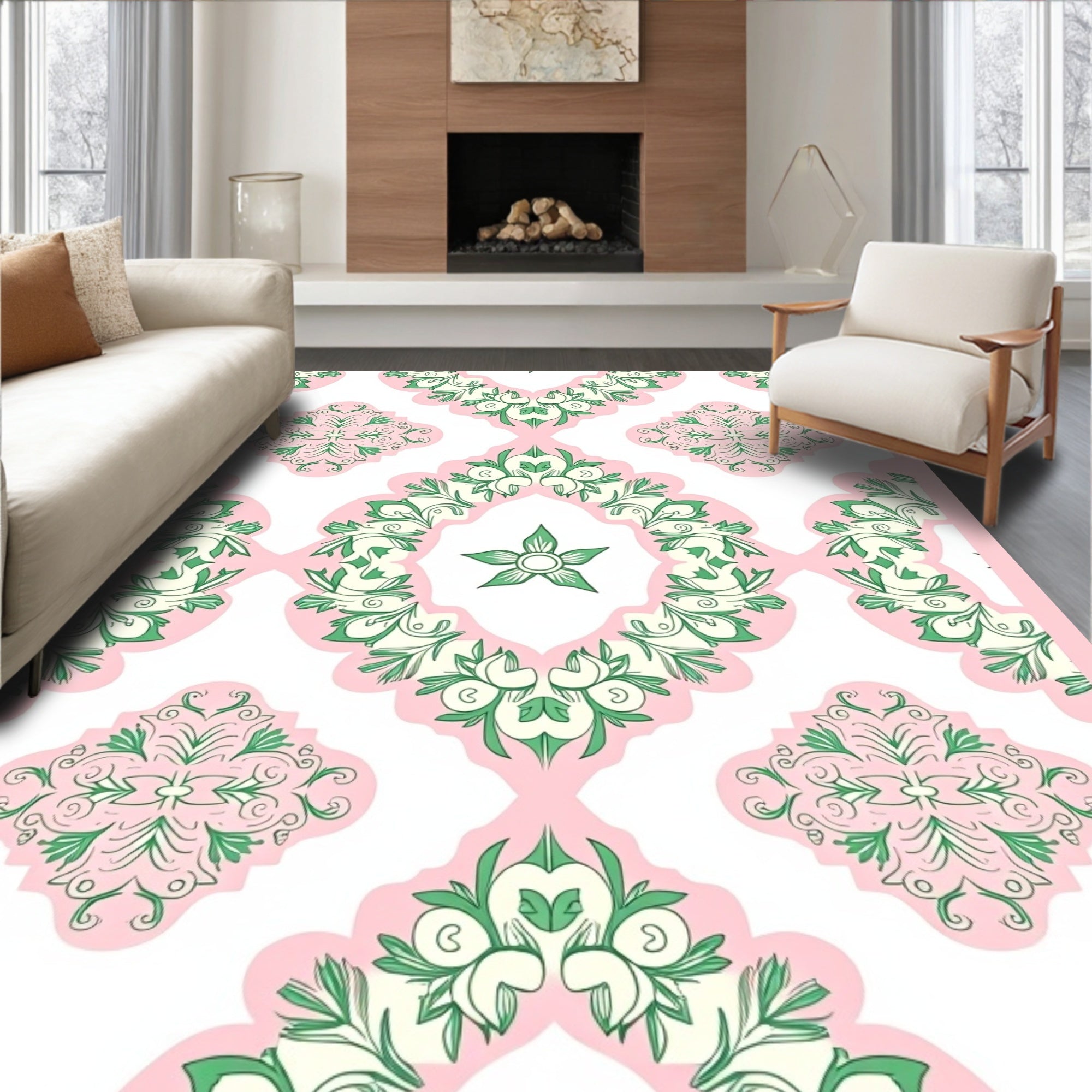 Pink Green Floral Medallion Pattern Rug