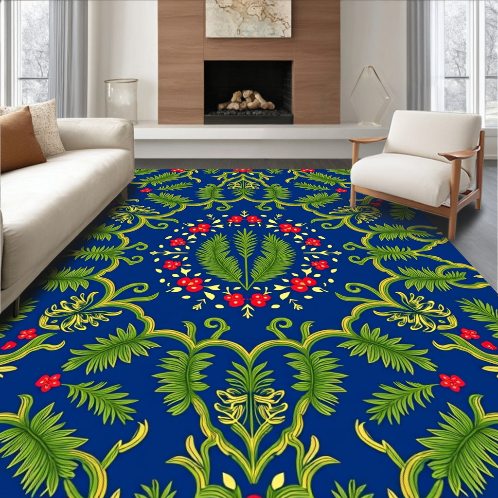 Rich Blue Floral Vine Garden Rug