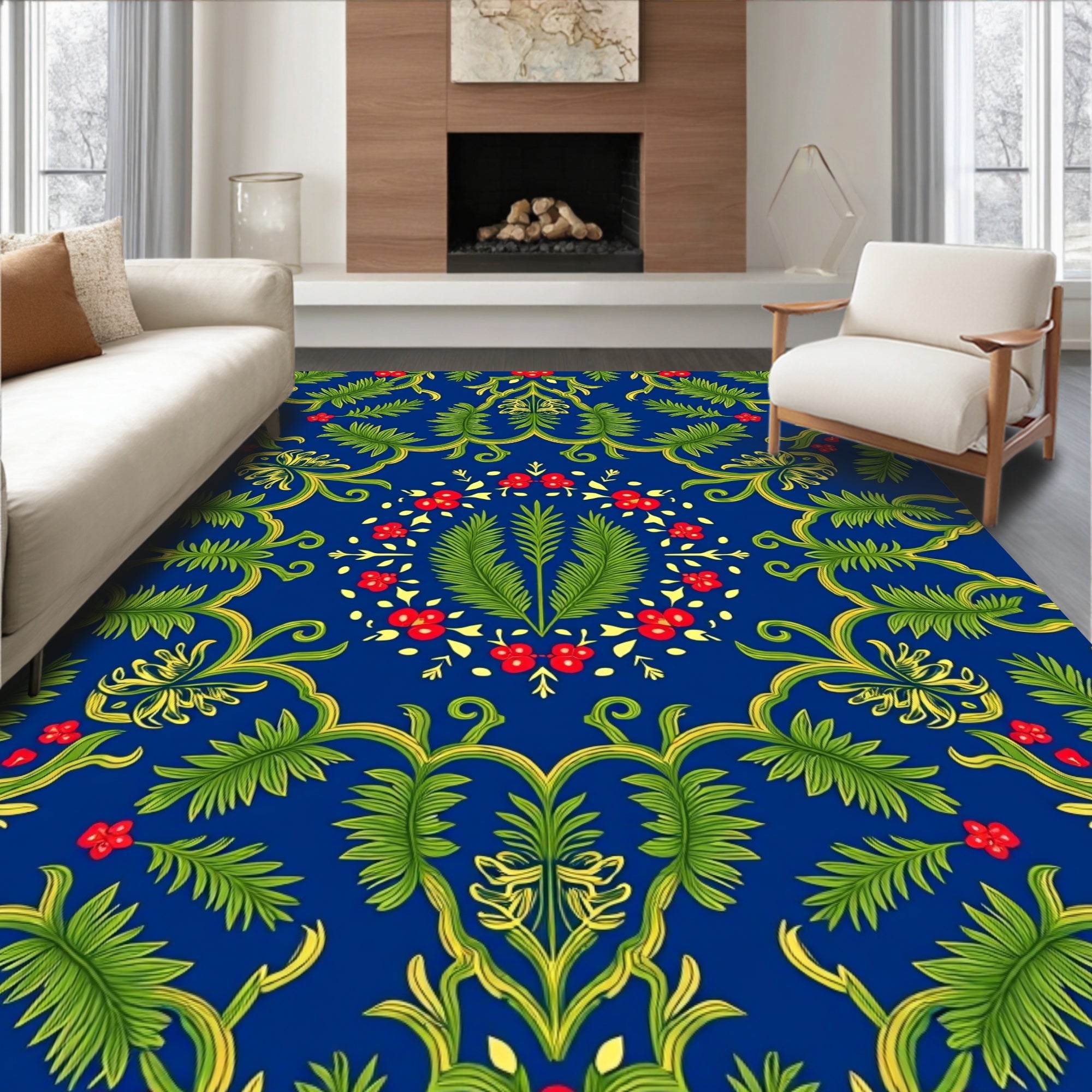 Rich Blue Floral Vine Garden Rug