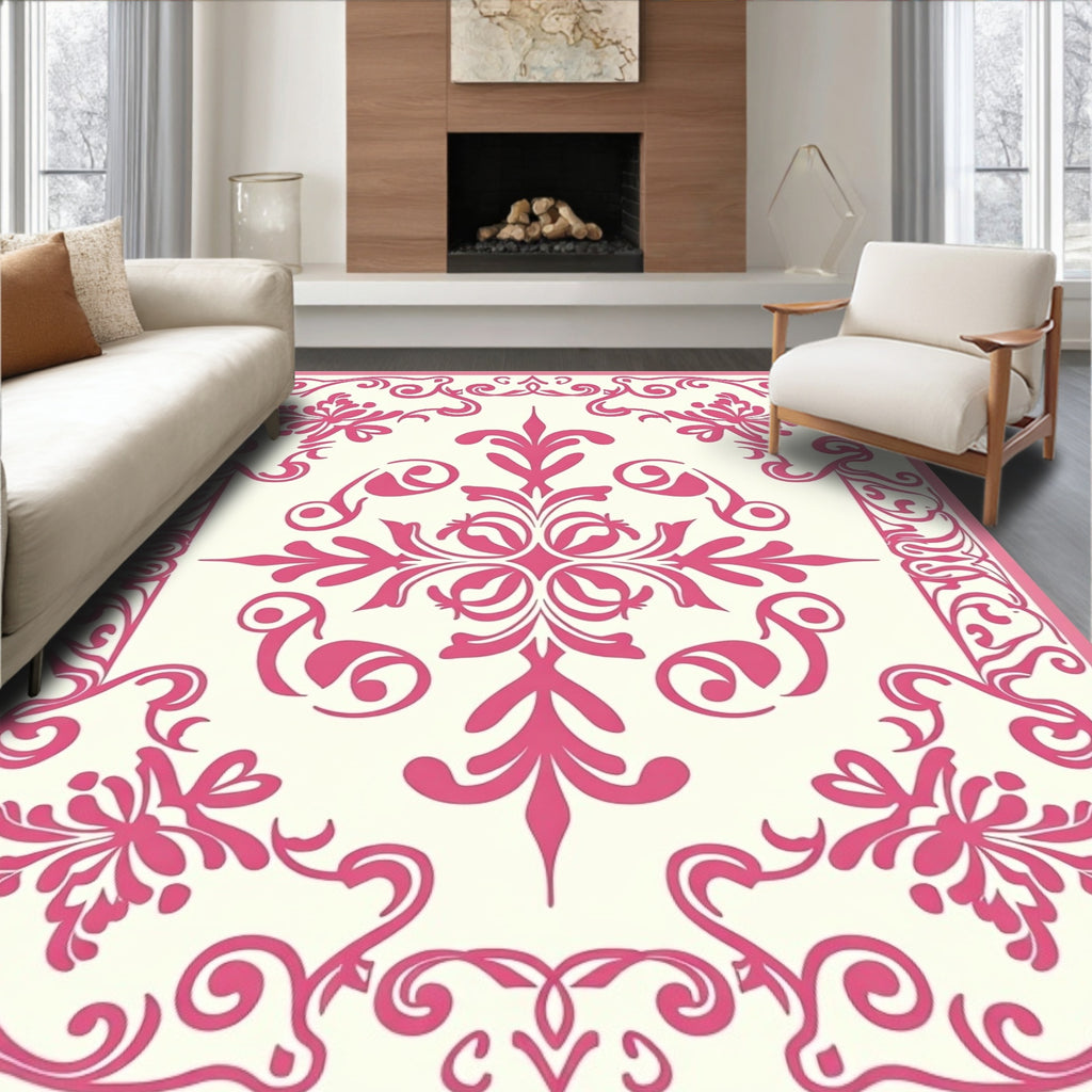 Ornate Pink Floral Medallion Pattern Rug