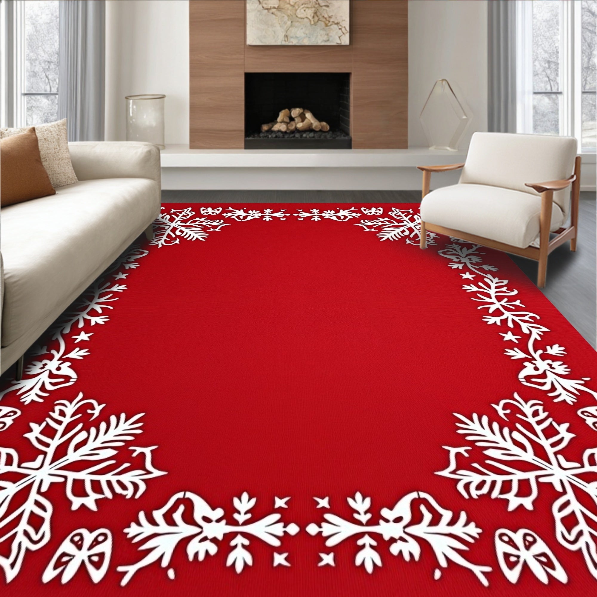White Snowflake Bordered Red Design Rug