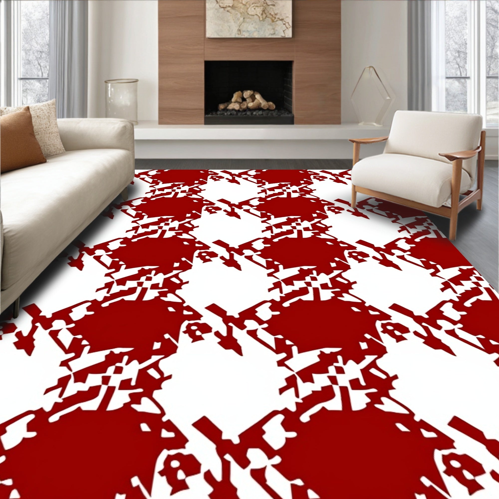 Abstract Diamond Red White Pattern Rug