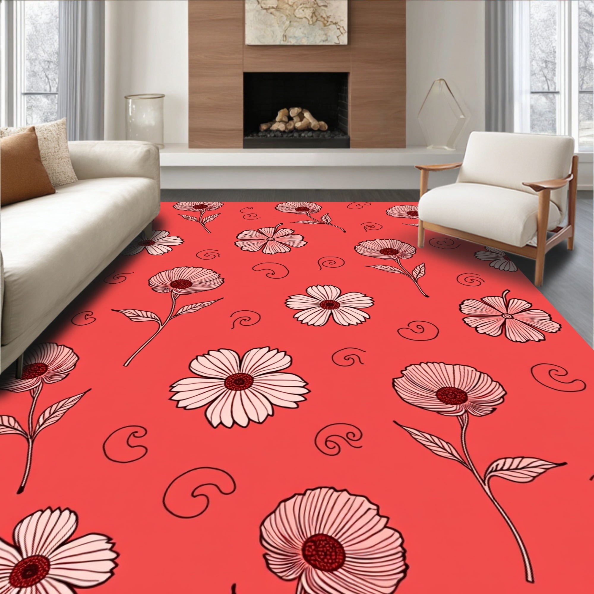 Delicate Floral Pattern with Swirl Accents Rug