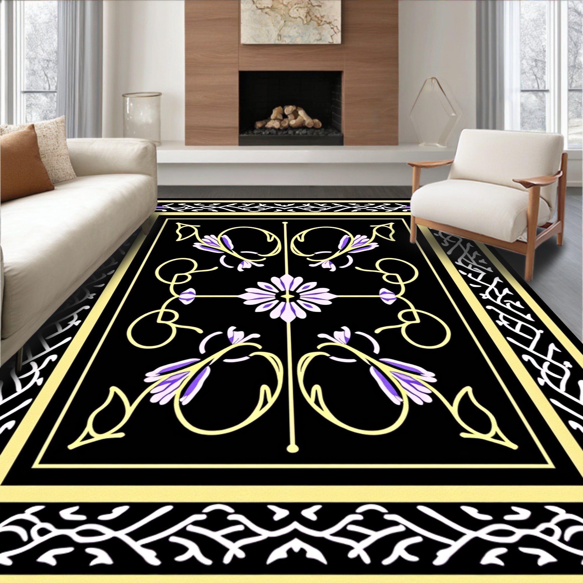 Ornate Floral Vine Black Rug Design Rug