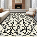 Ornate Black Cream Scrollwork Rug