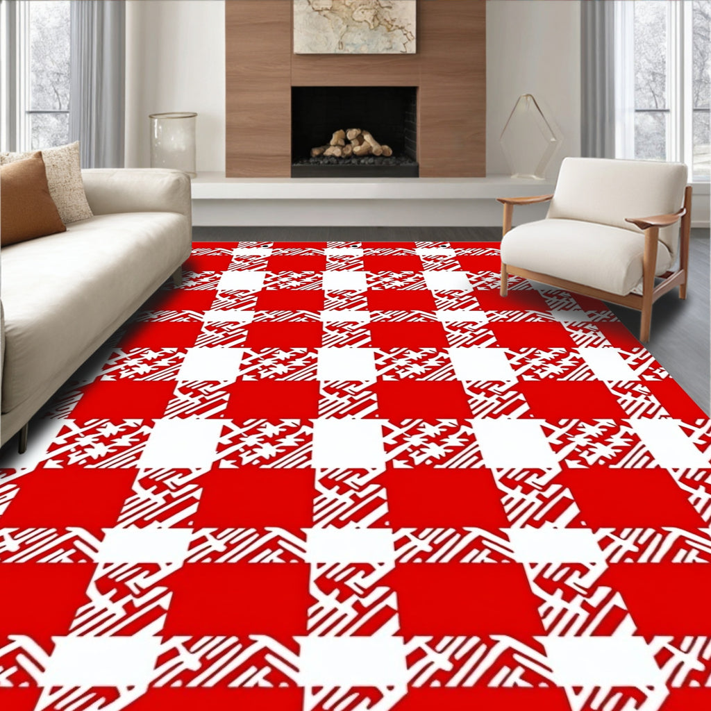 Red White Bold Checkered Pattern Rug