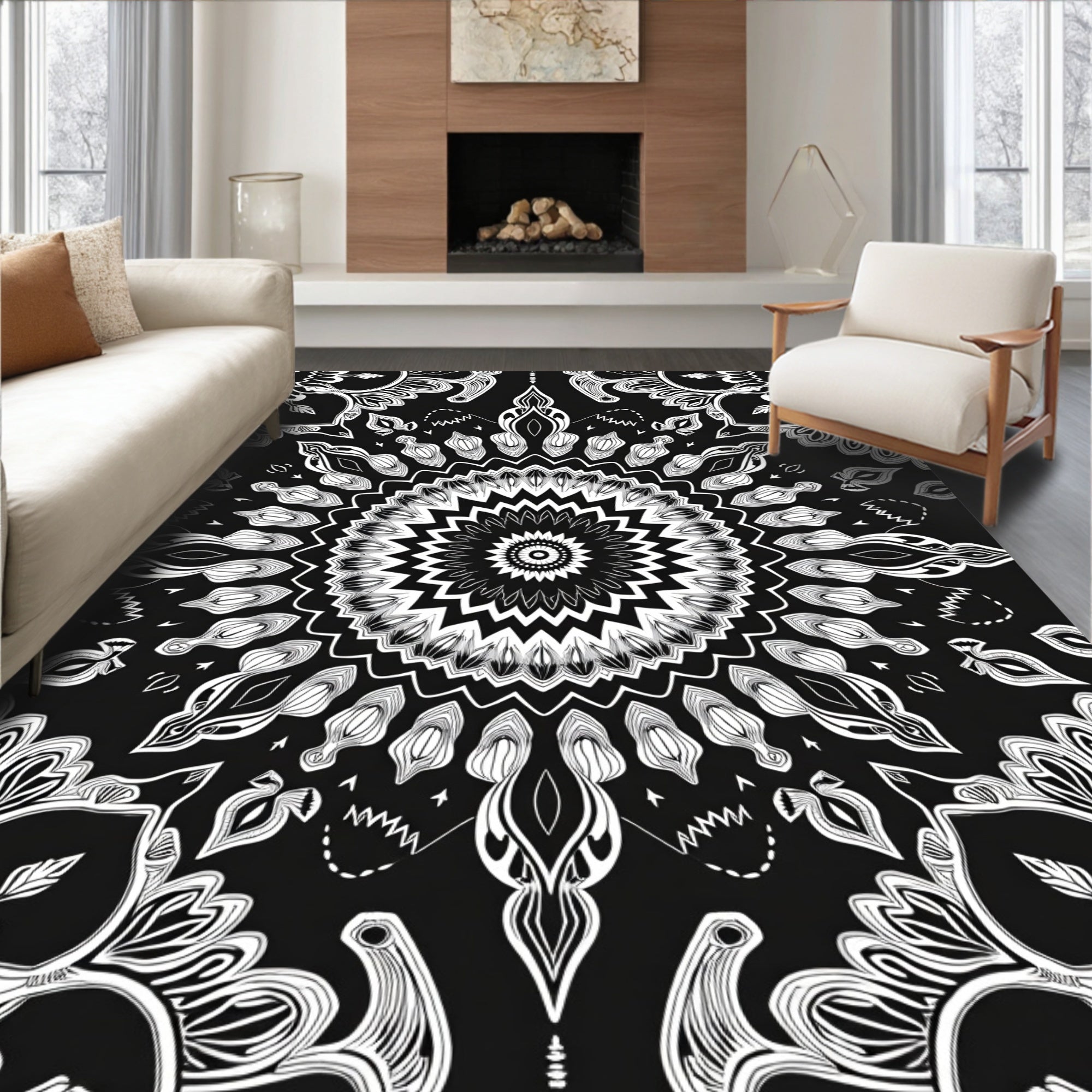 Ethereal Black White Mandala Design Rug
