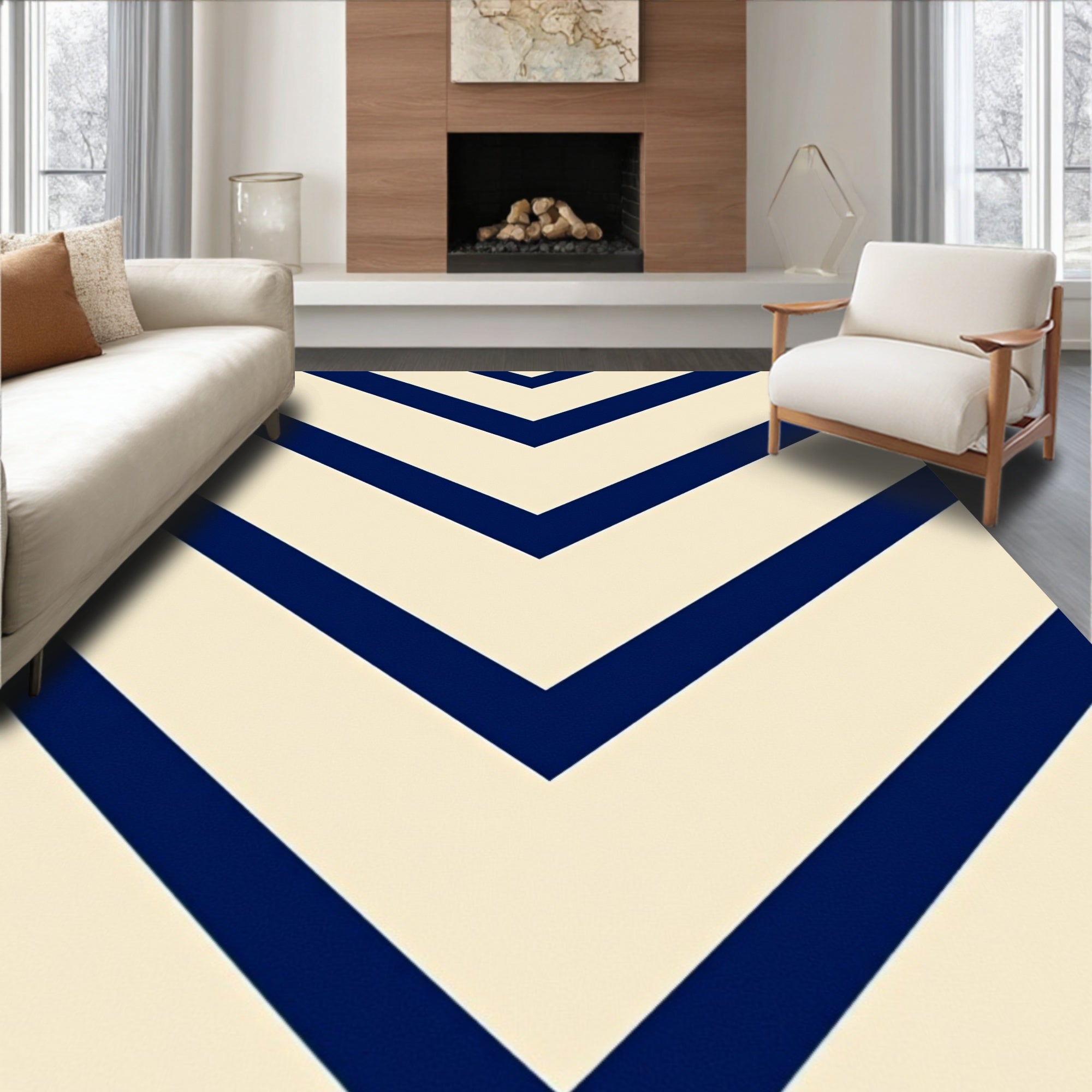 Navy Blue Chevron Pattern Rug