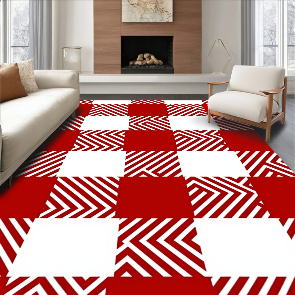 Red and White Bold Checked Pattern Rug