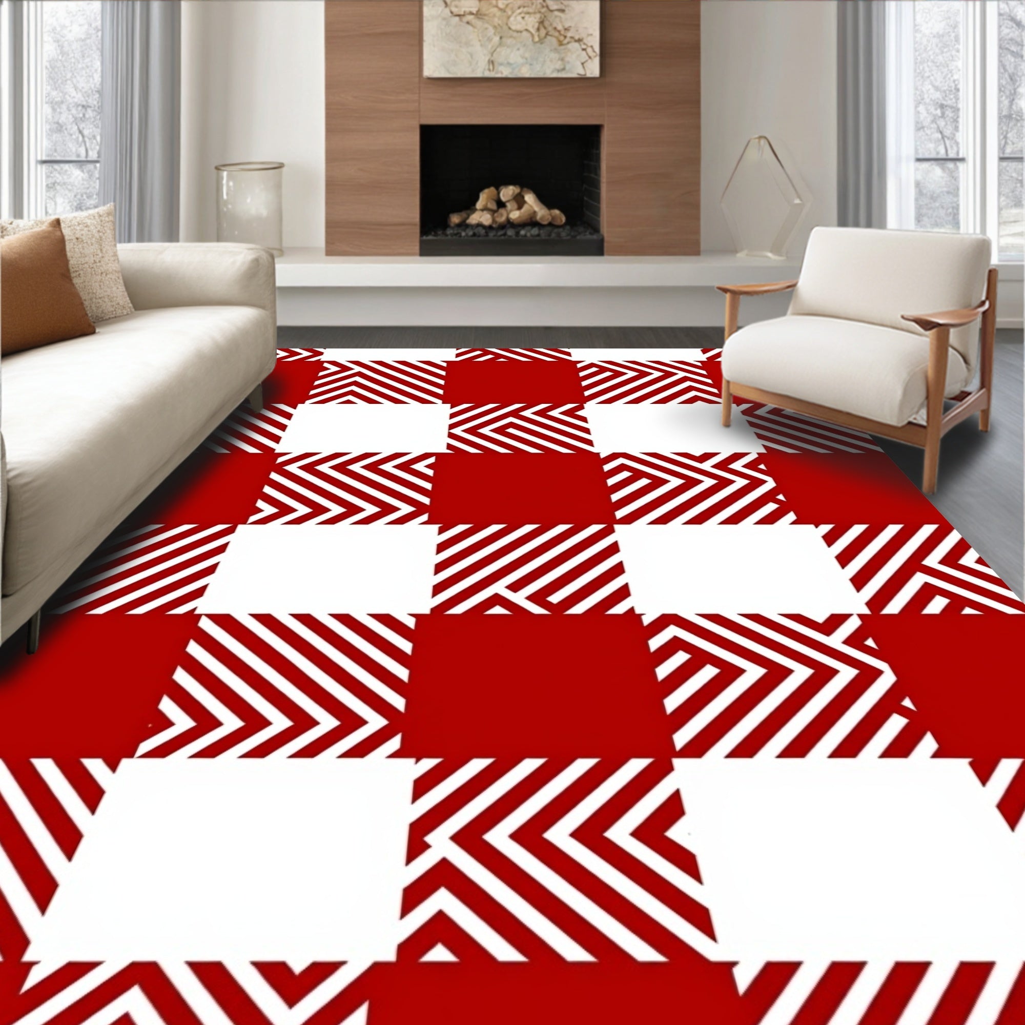 Red and White Bold Checked Pattern Rug