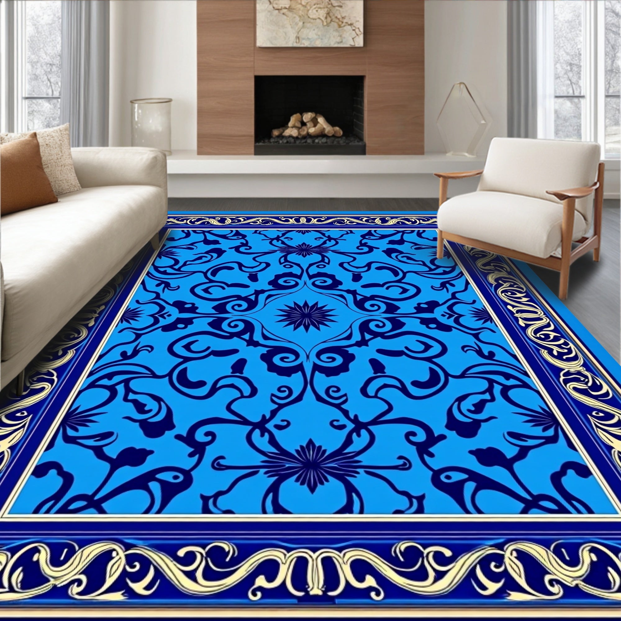 Intricate Floral Patterned Blue Rug