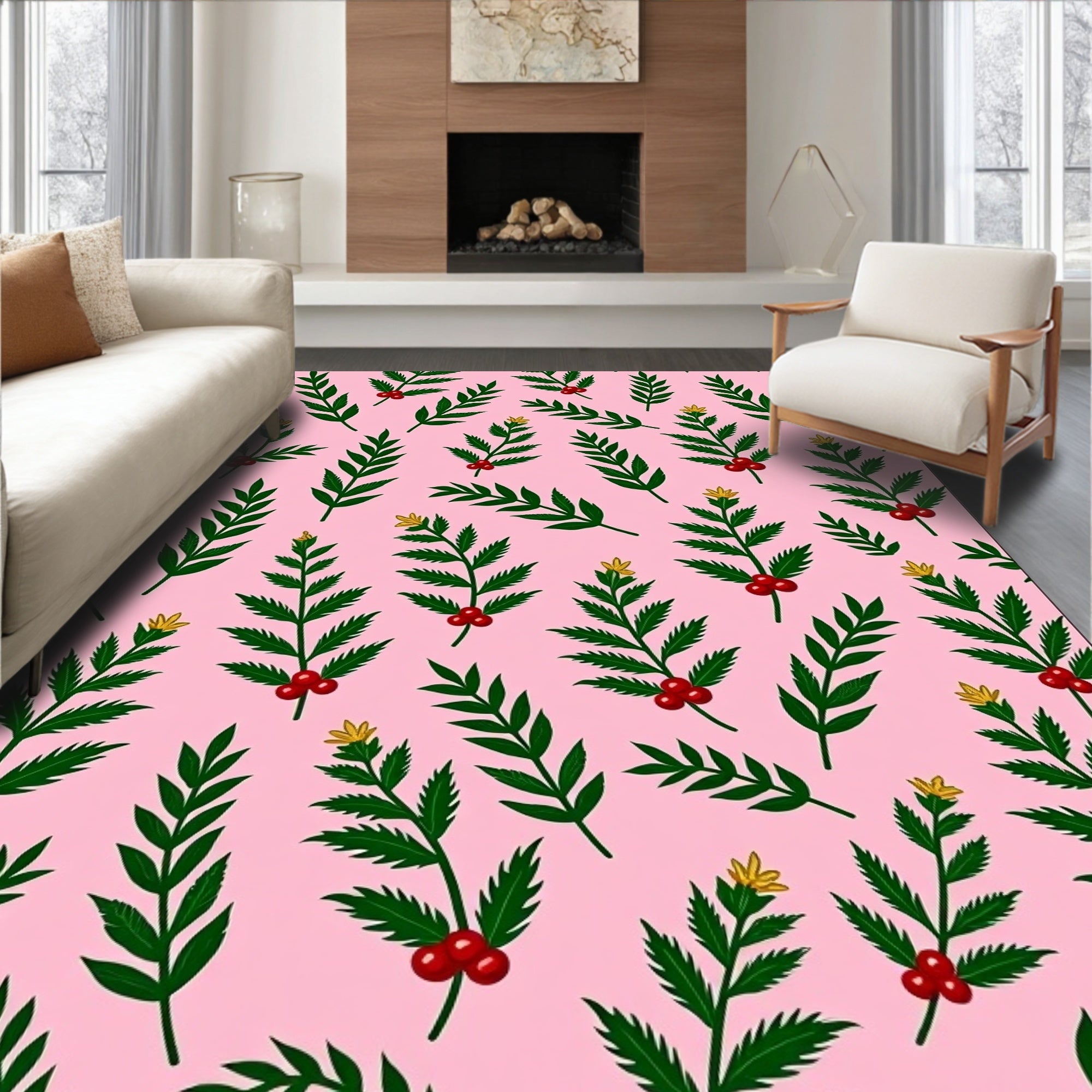 Pink Green Berry Branch Foliage Harmony Rug
