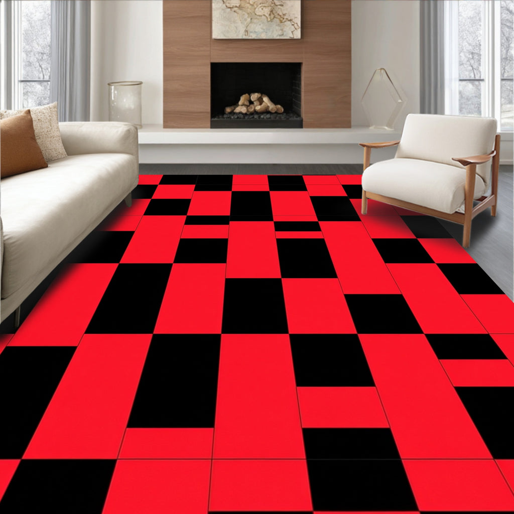 Bold Red Black Geometric Check Rug