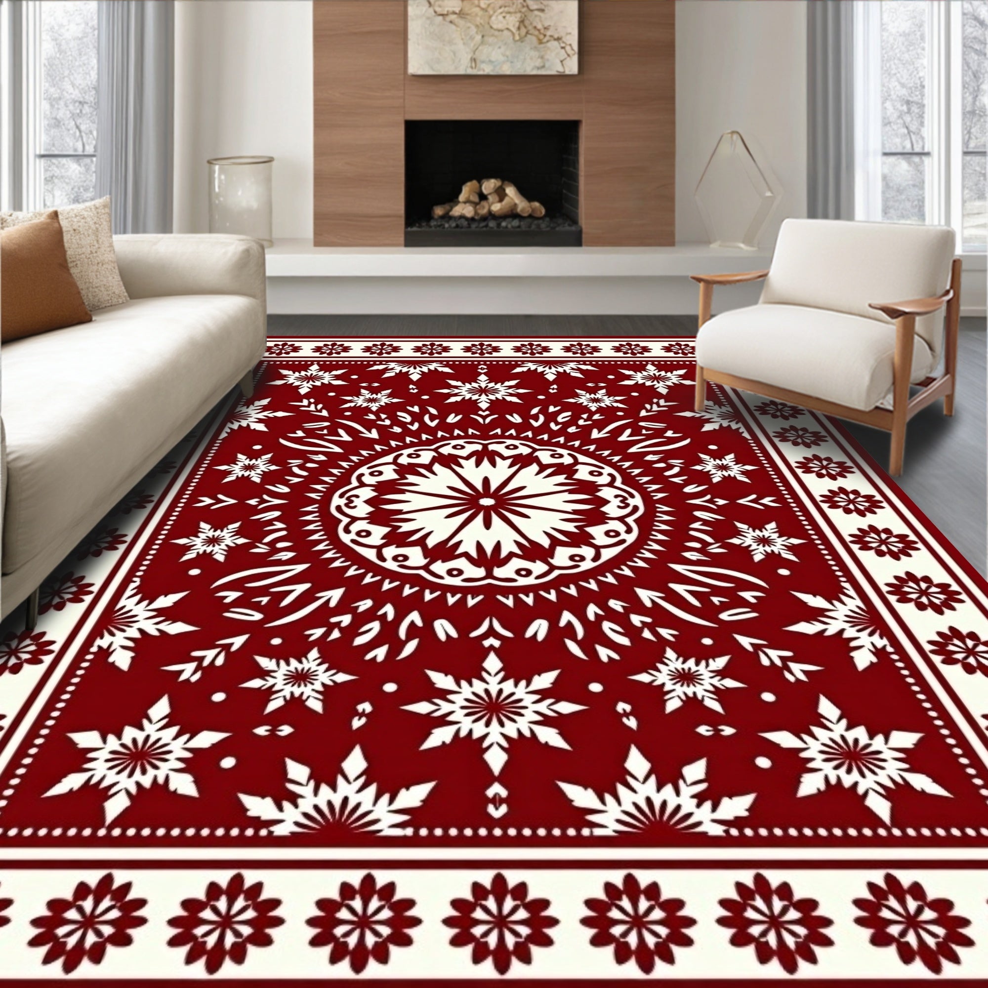 Red White Snowflake Mandala Design Rug