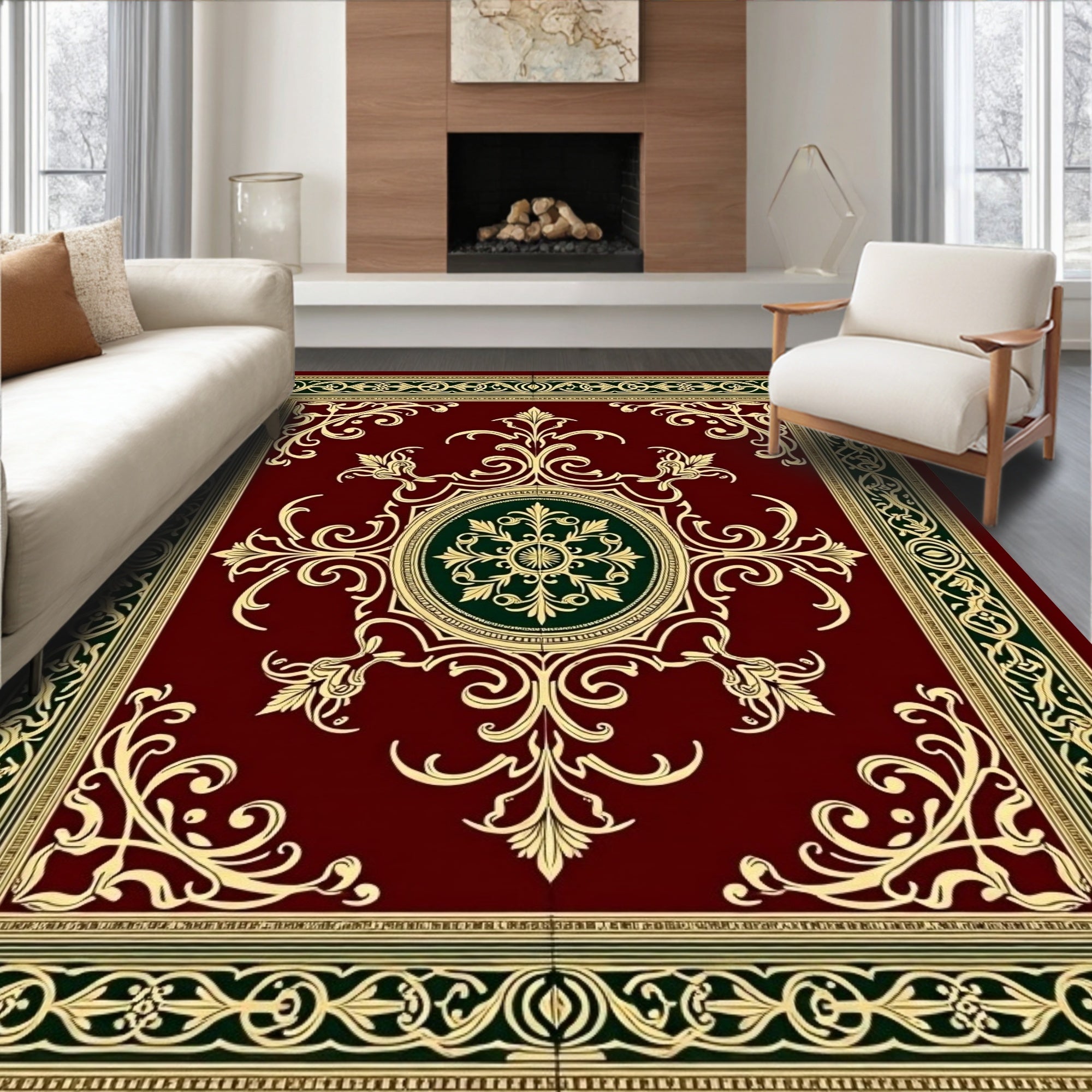 Ornate Burgundy And Gold Scroll Pattern Rug