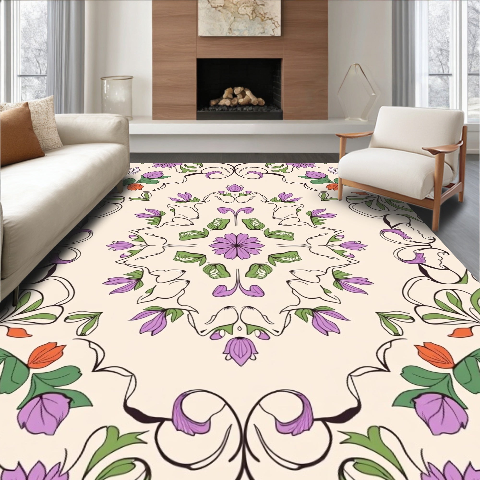 Floral Medallion Pattern With Purple Accents Rug