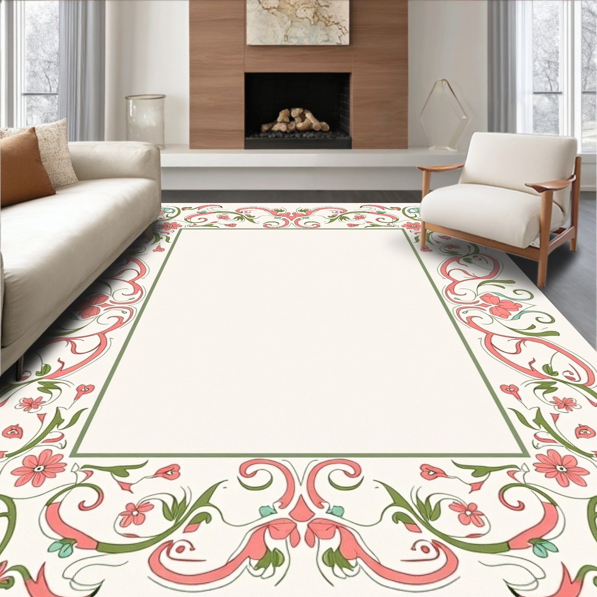 Ornate Floral Vines Decorative Border Rug