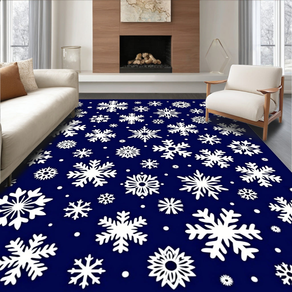 White Snowflakes on Deep Blue Background Rug