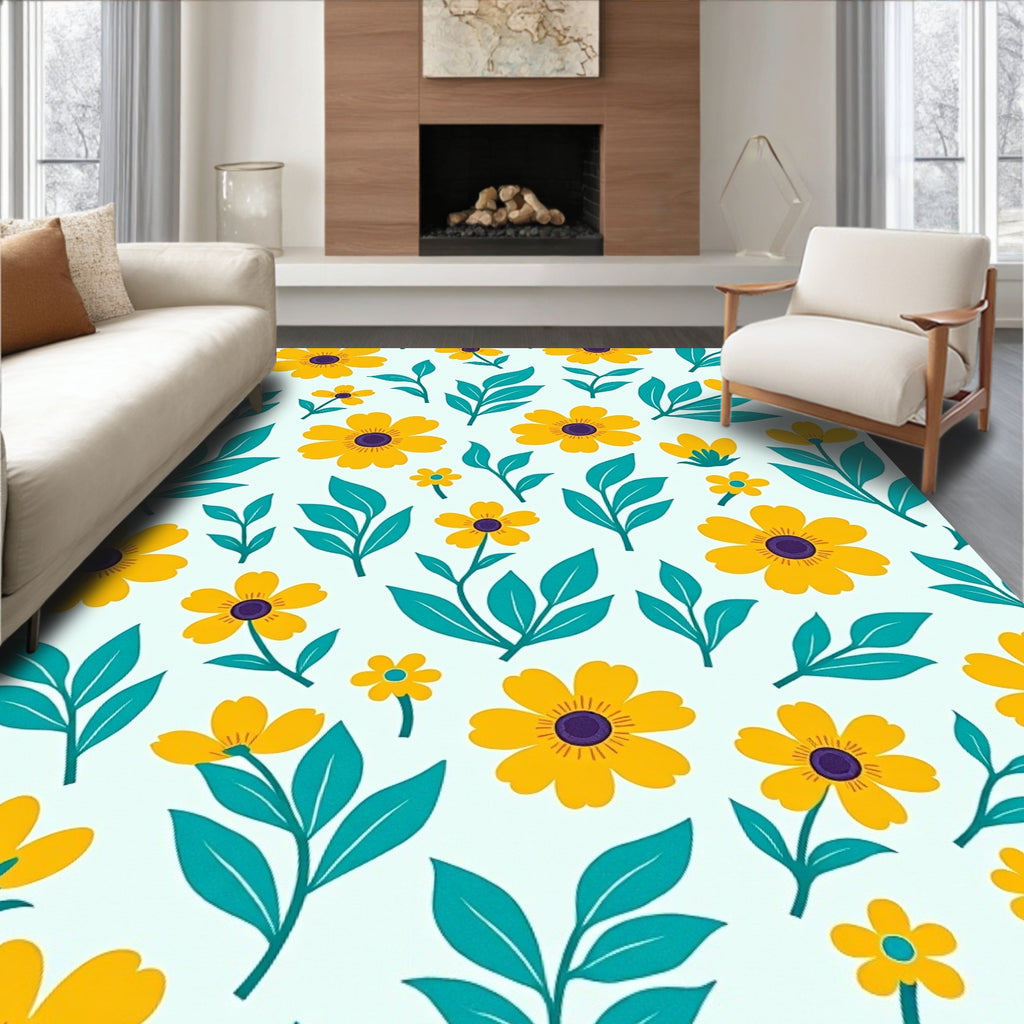 Yellow Floral Teal Leaf Pattern Rug
