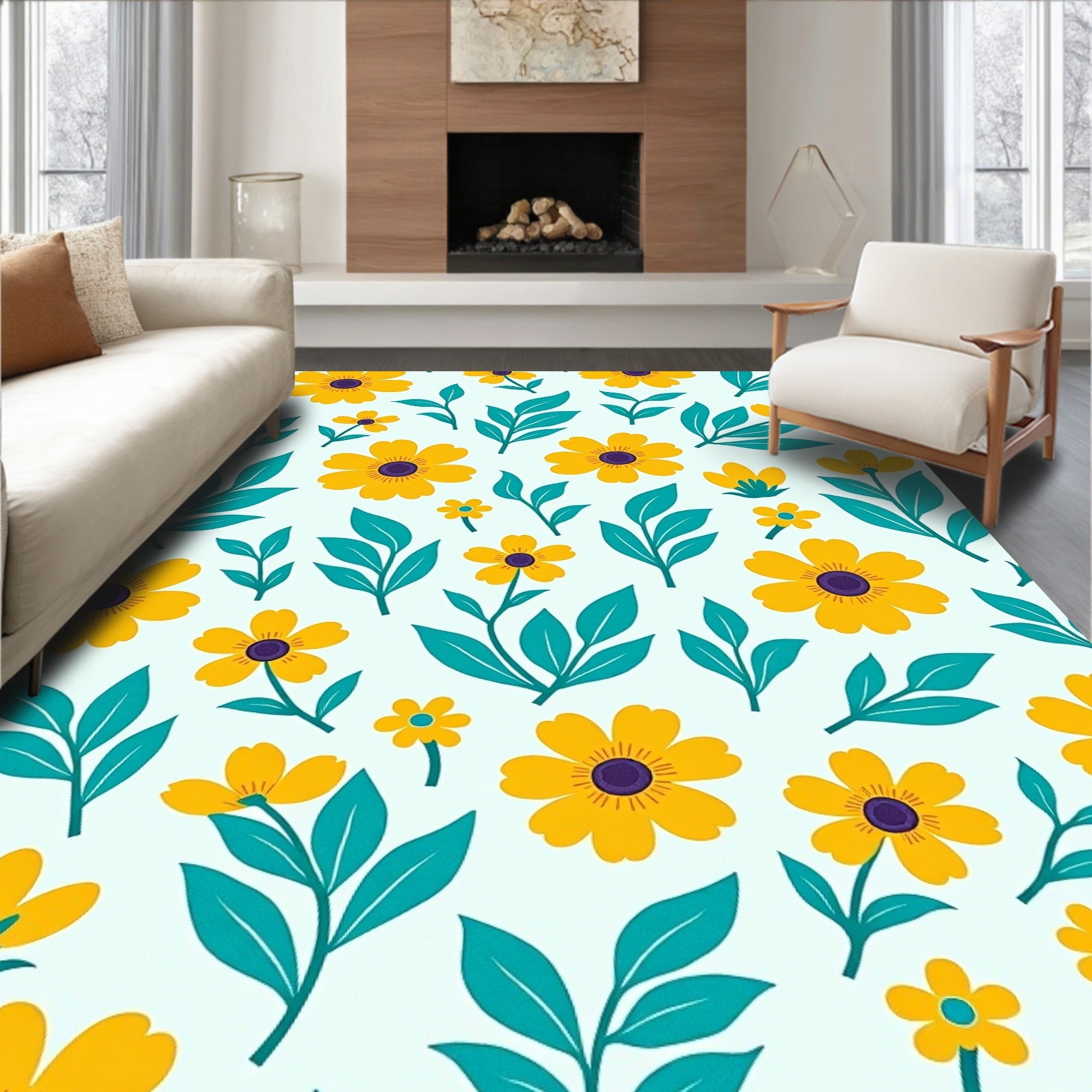 Yellow Floral Teal Leaf Pattern Rug