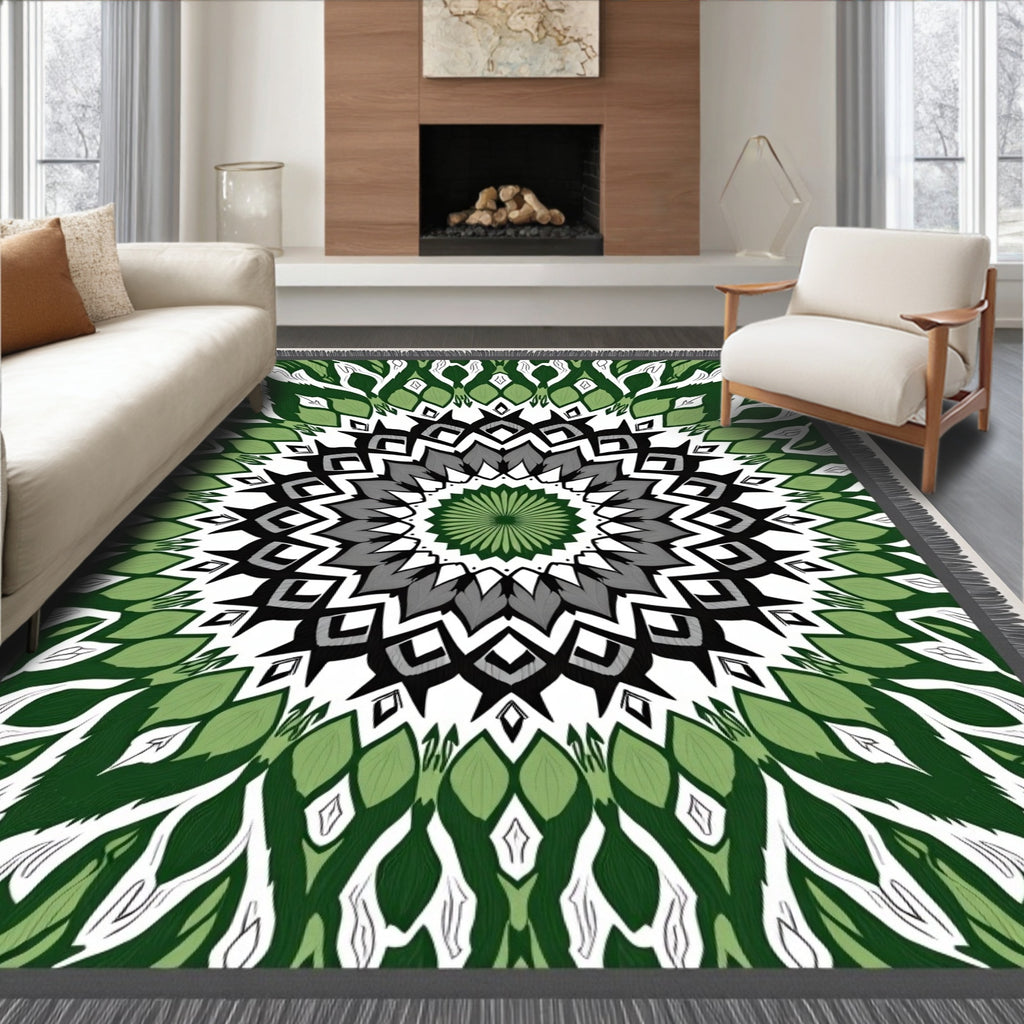 Green Grey Black Geometric Medallion Rug