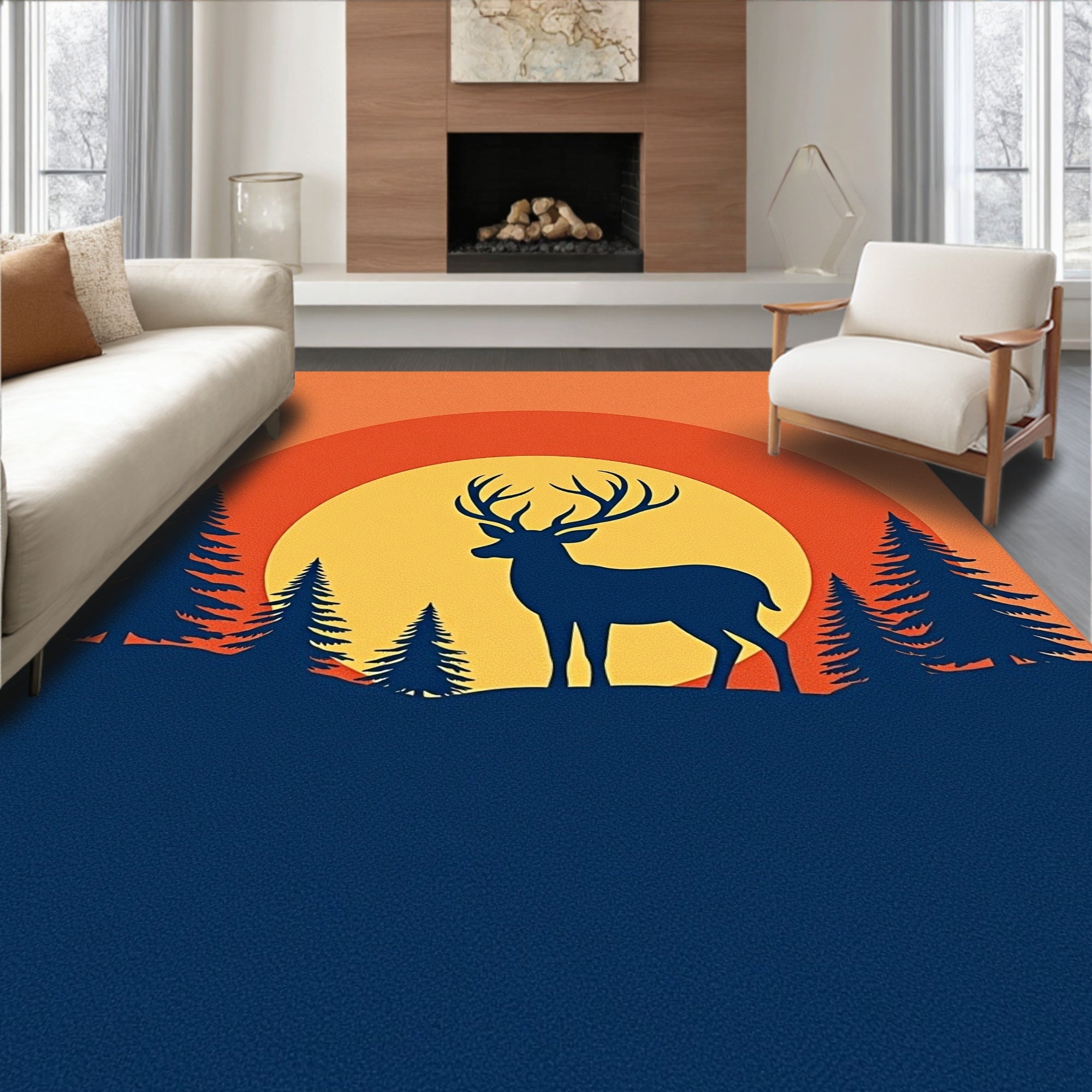 Sunset Forest Deer Silhouette Rug