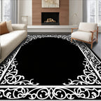 Ornate White Scrollwork Geometric Pattern Rug