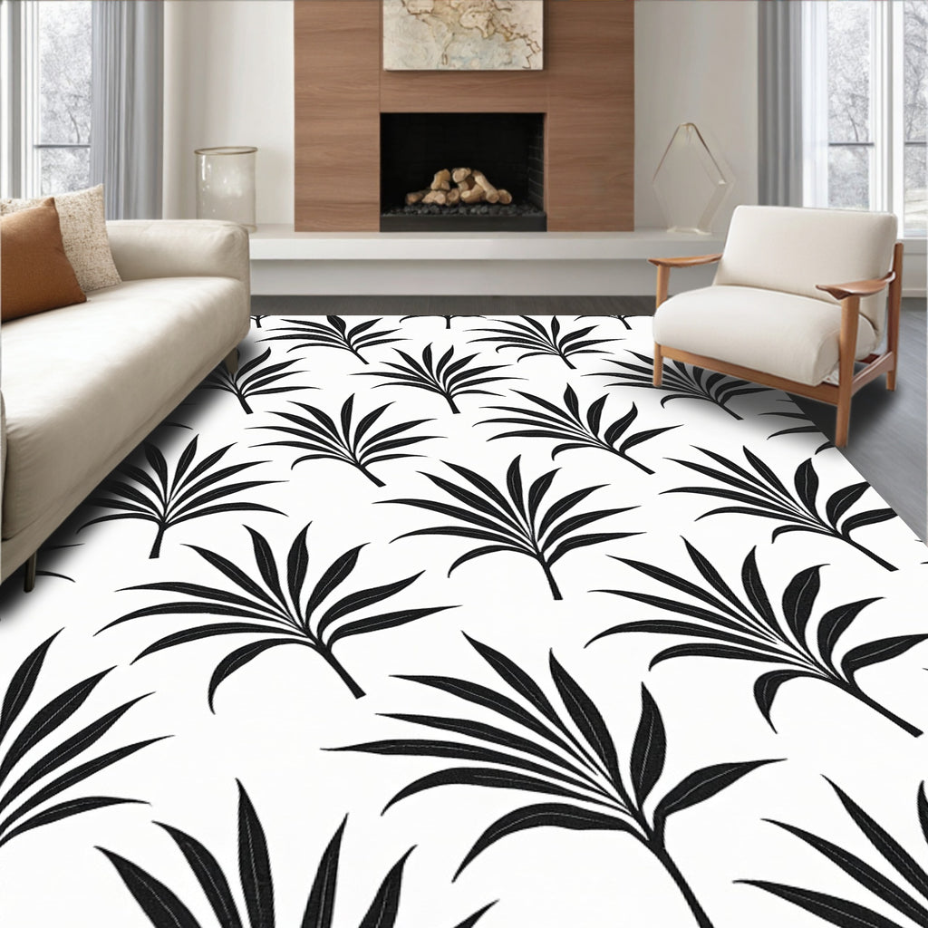 Black Palm Leaf Pattern Design Rug