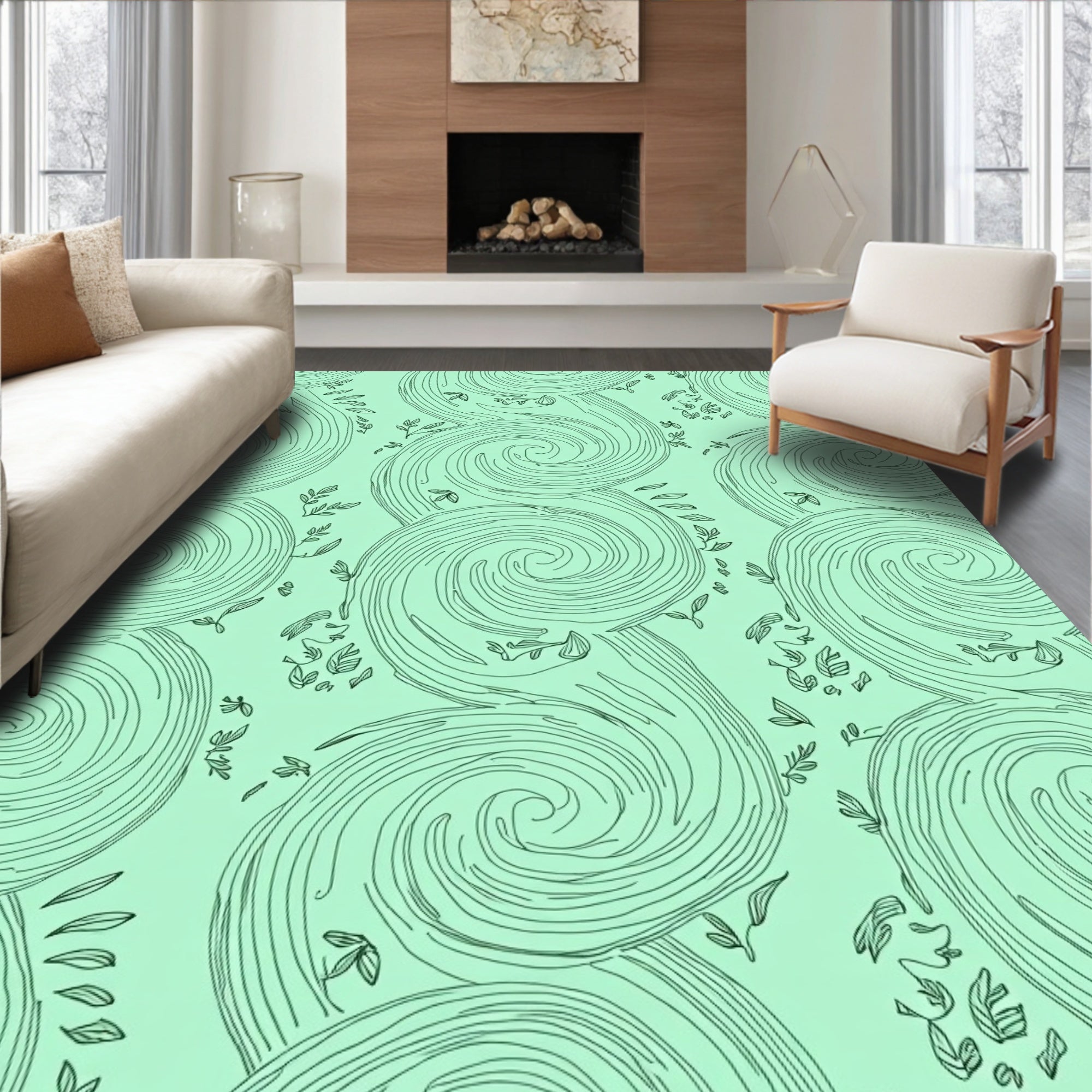 Mint Green Swirls Botanical Print Rug