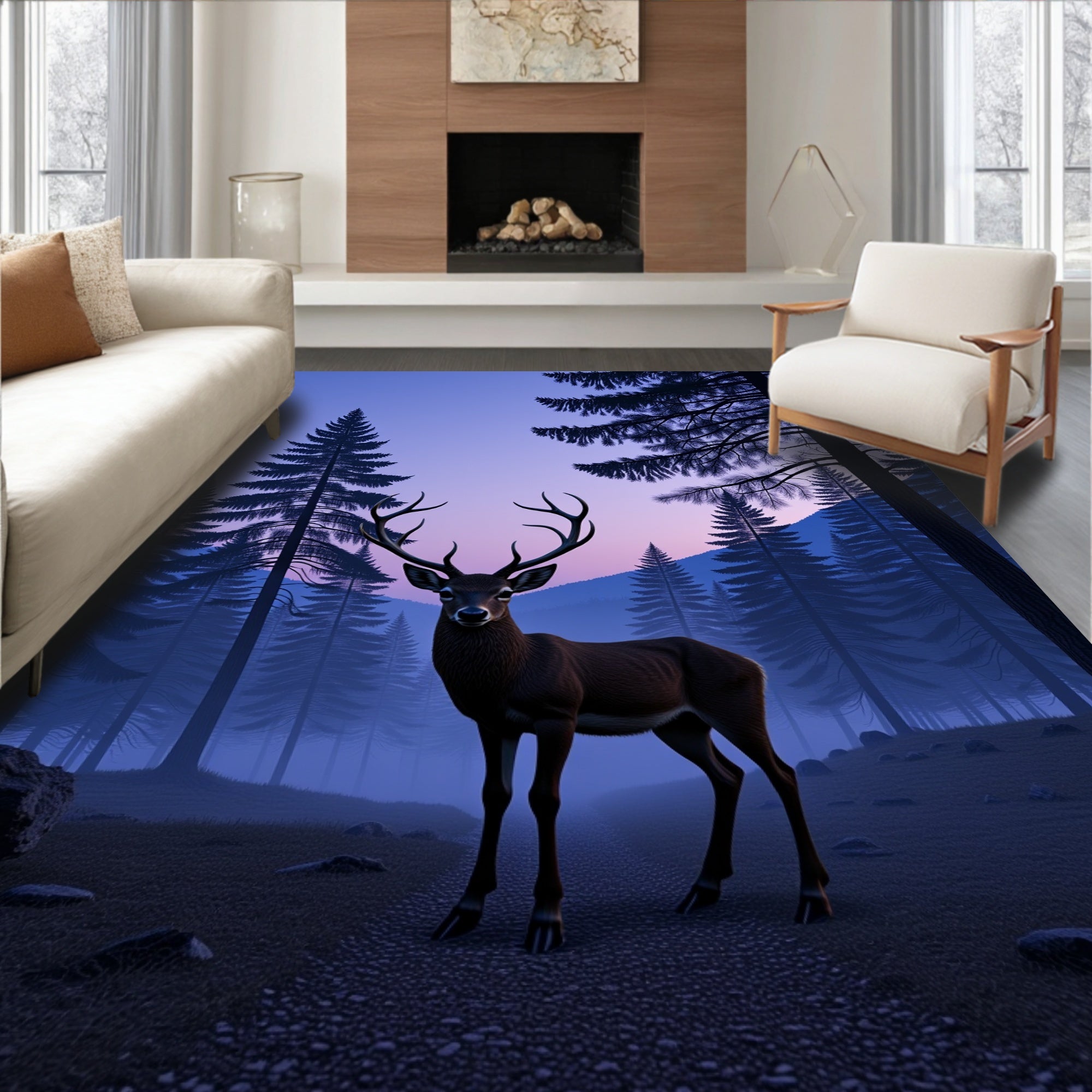 Majestic Deer Forest Twilight Design Rug