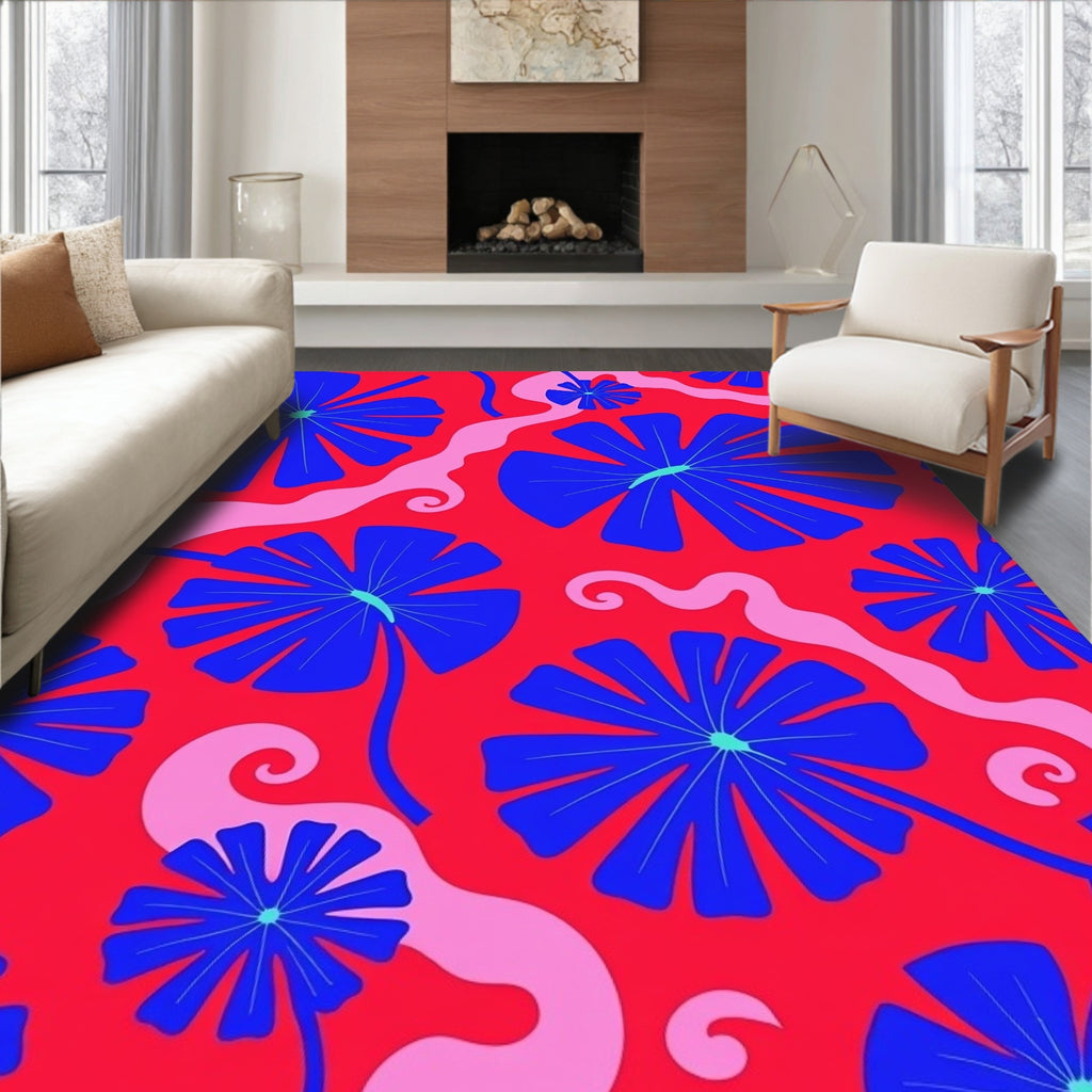 Bold Floral Swirls Red Blue Design Rug