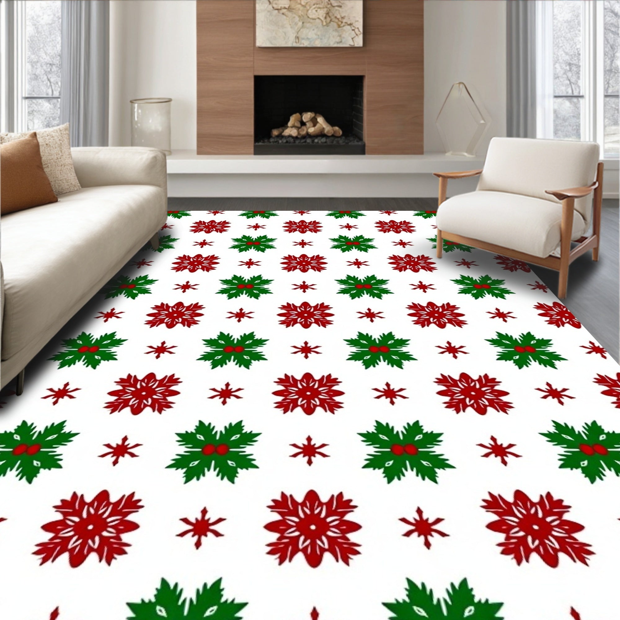 Red Green Holly Snowflake Medallion Rug