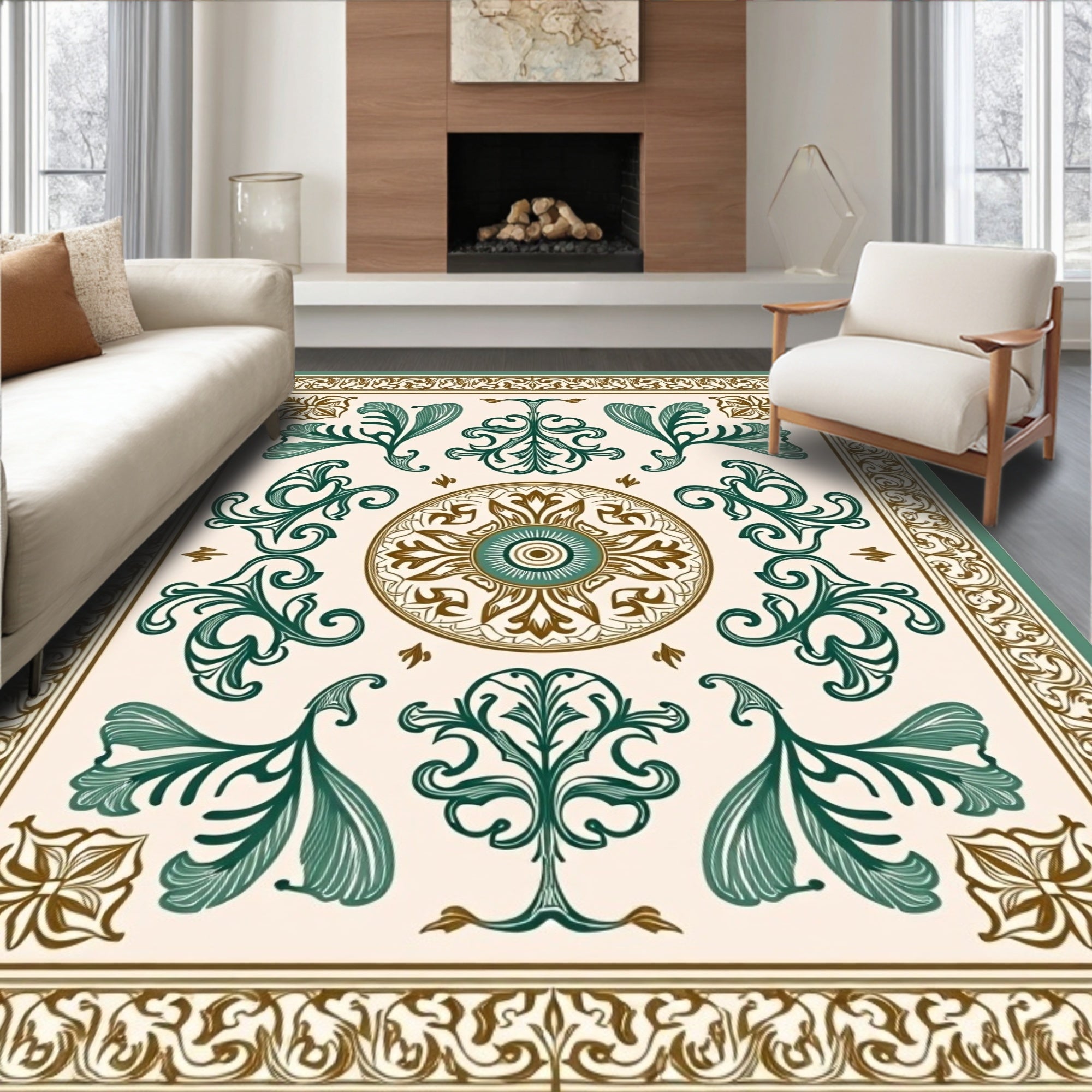 Elegant Green Brown Floral Medallion Rug