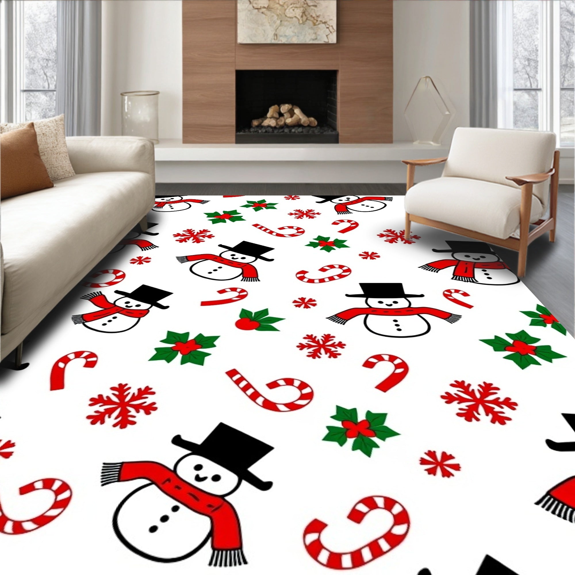 Cute Snowmen Candy Cane Holly Pattern Rug