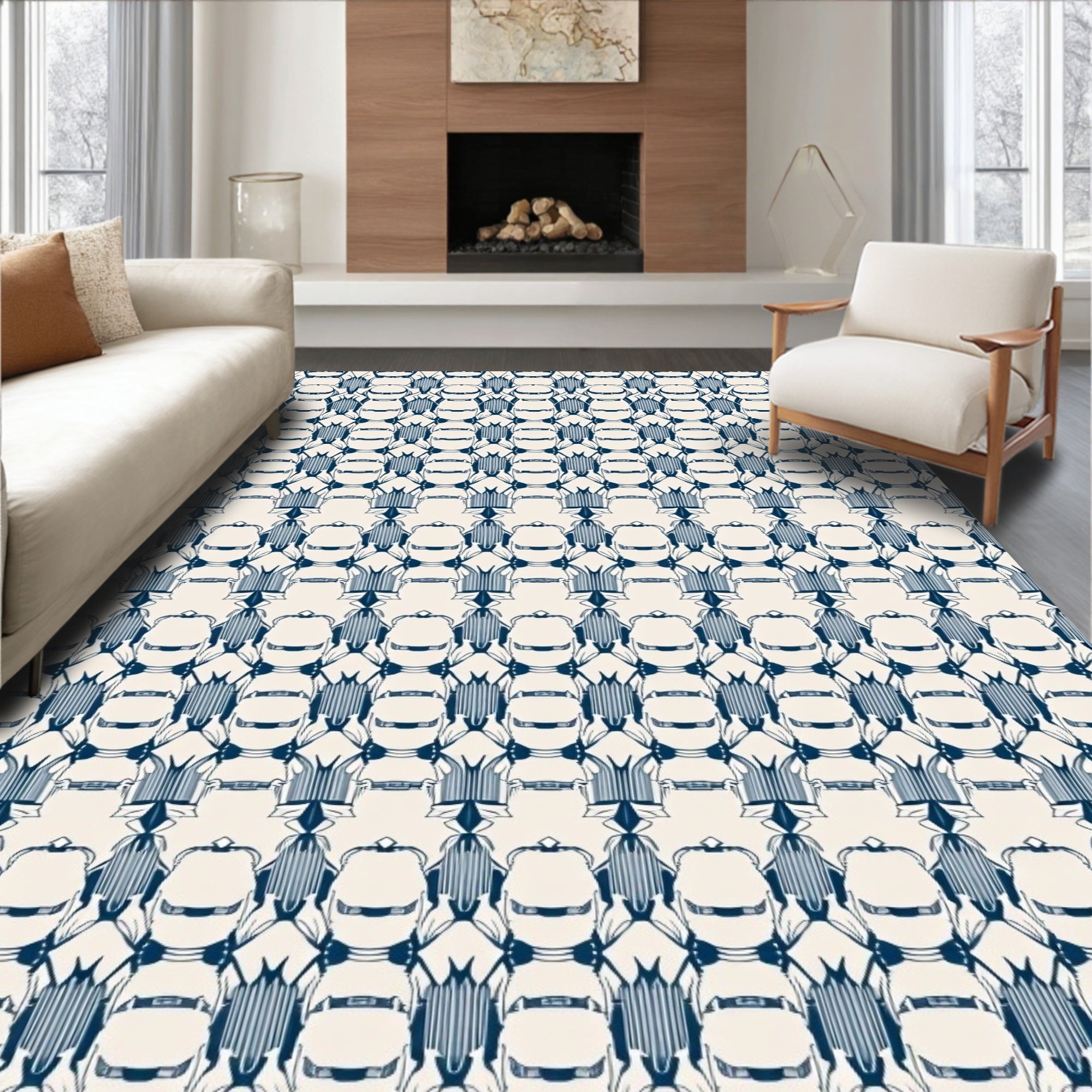 Art Deco Navy Blue Geometric Pattern Rug