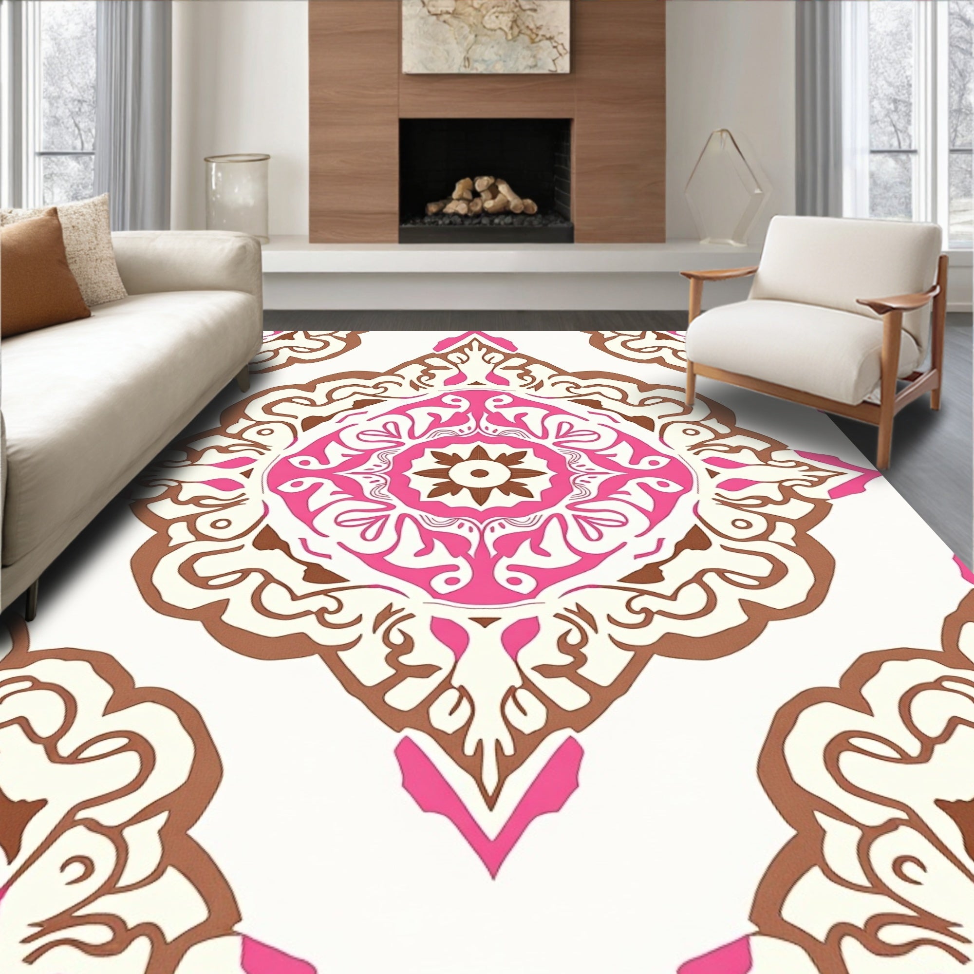 Pink And Brown Floral Medallion Rug