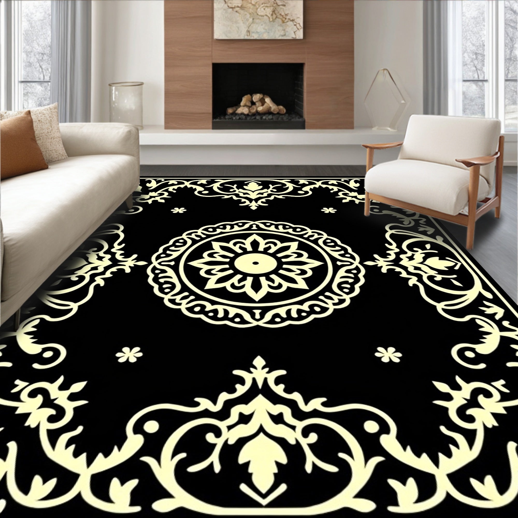 Ornate Black Pale Yellow Floral Rug