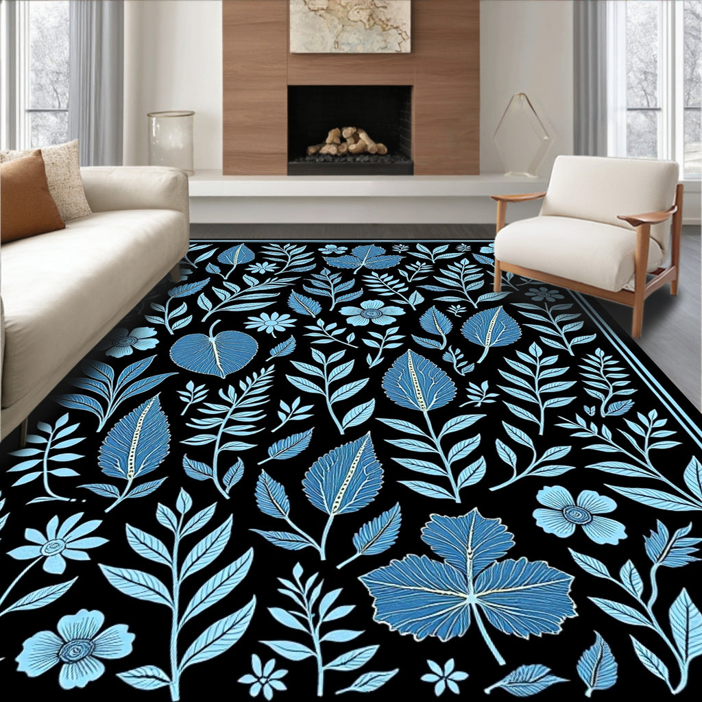 Scattered Teal Floral Botanical Composition Rug