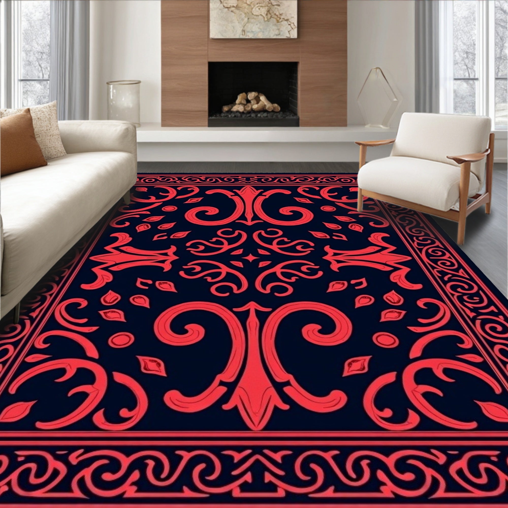 Red Floral Symmetrical Art Rug