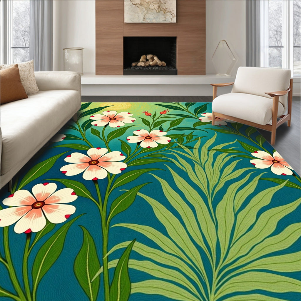 Emerald Teal Petal Vine Garden Rug