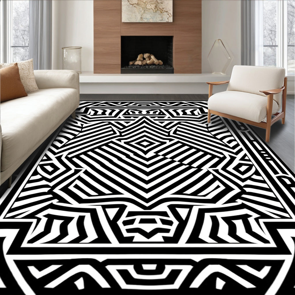Black and White Abstract Geometric Maze Design Rug